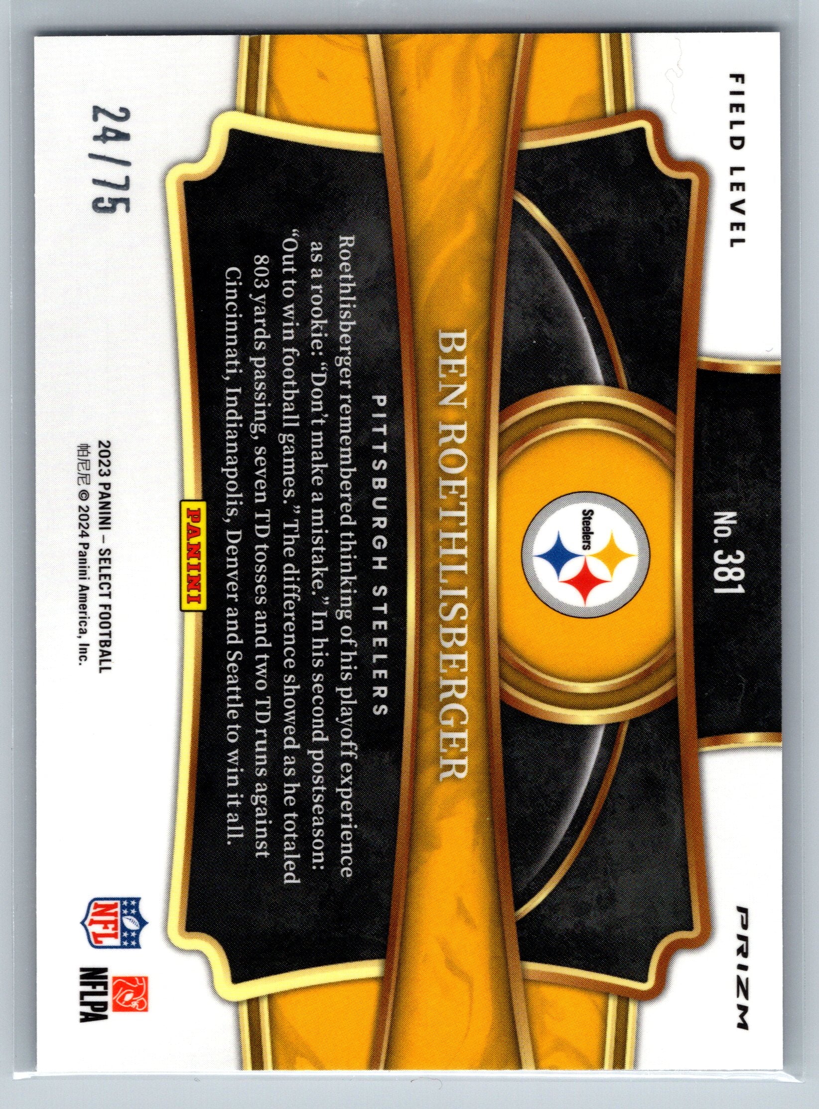 2023 Panini Select Ben Roethlisberger Tri-Color Field Level /75 #381