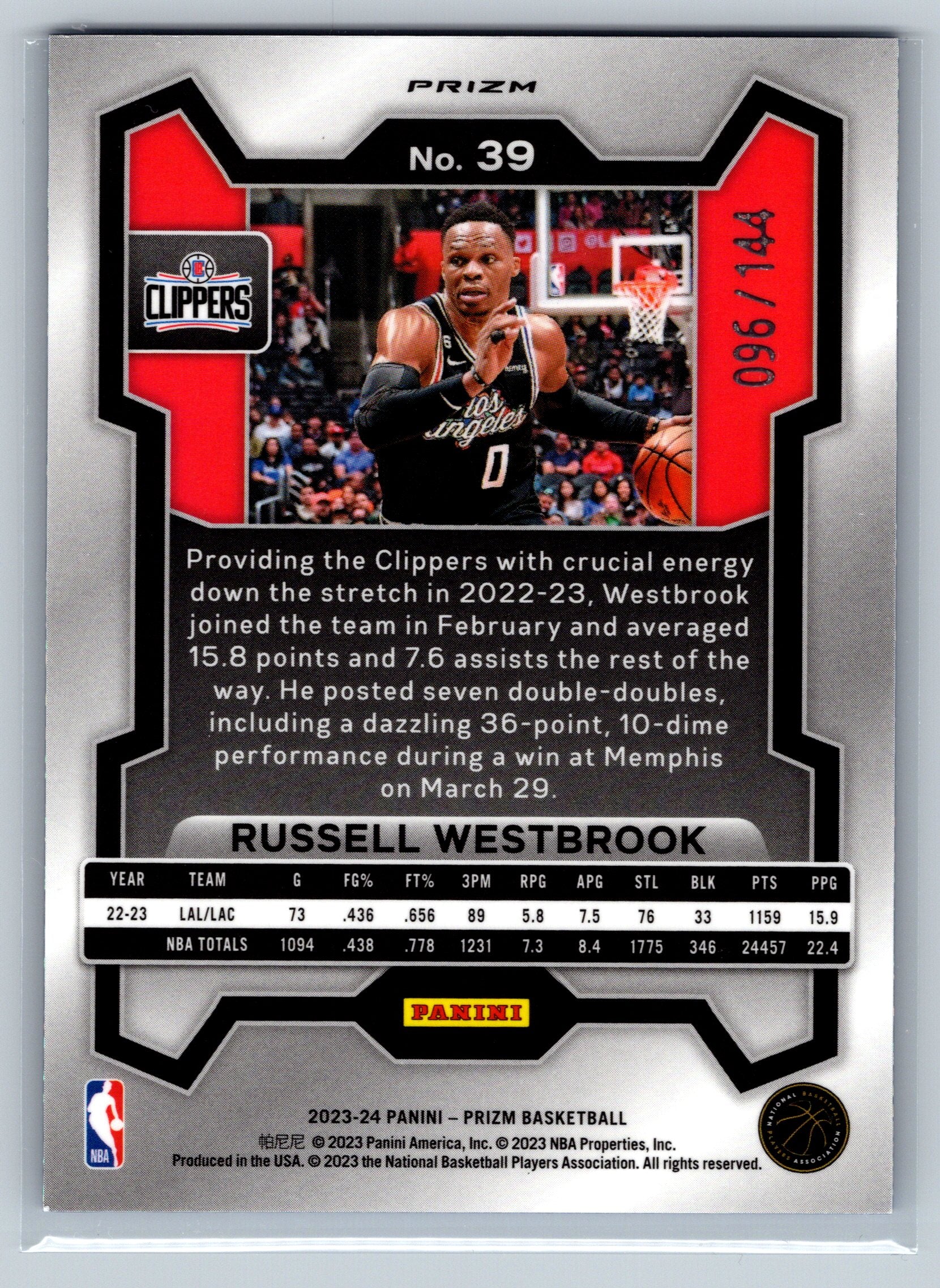 2023 Panini Prizm Russell Westbrook Blue Sparkle /144 #39