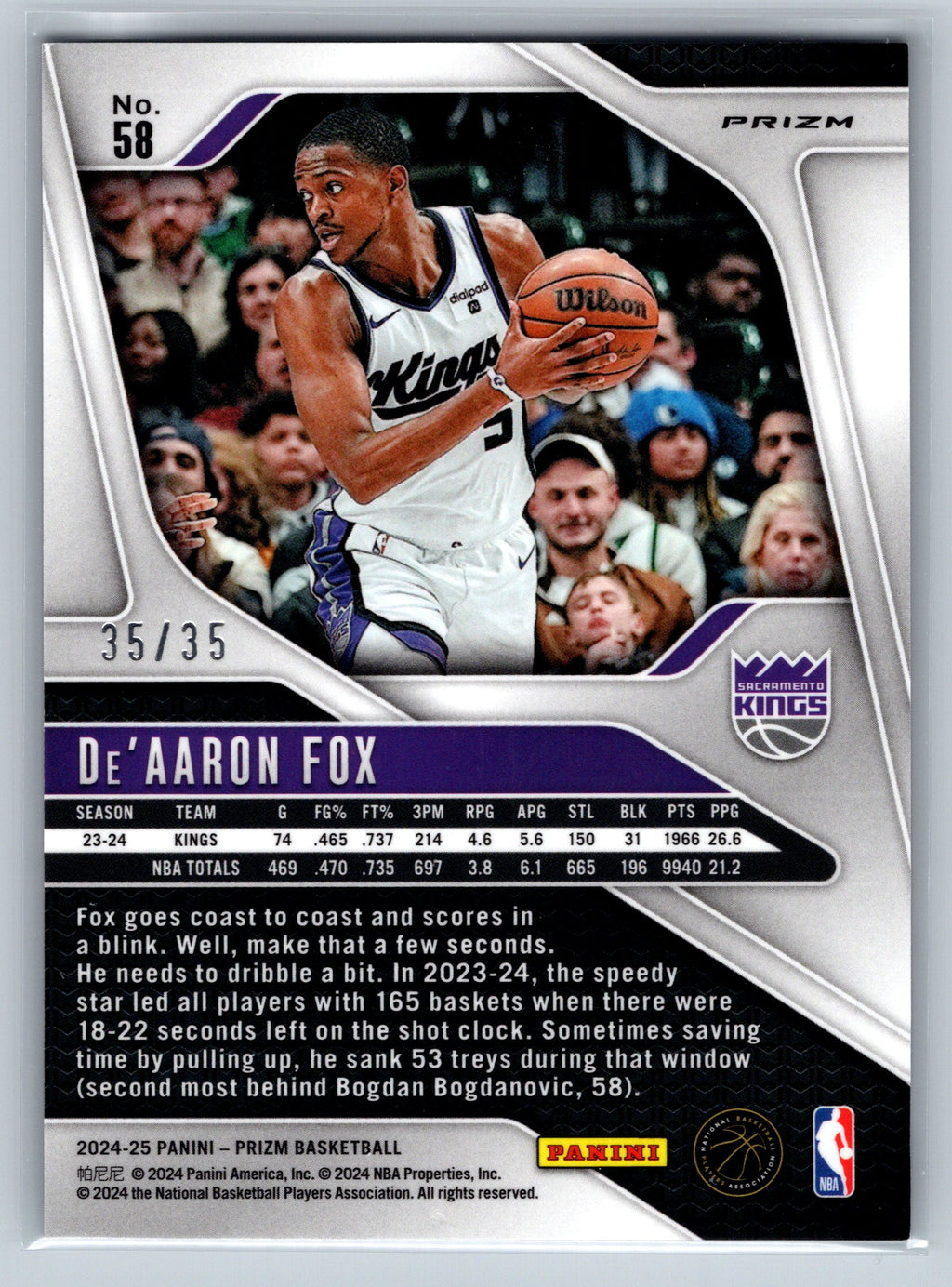 2024 Panini Prizm De'Aaron Fox Purple Pulsar /35 #58