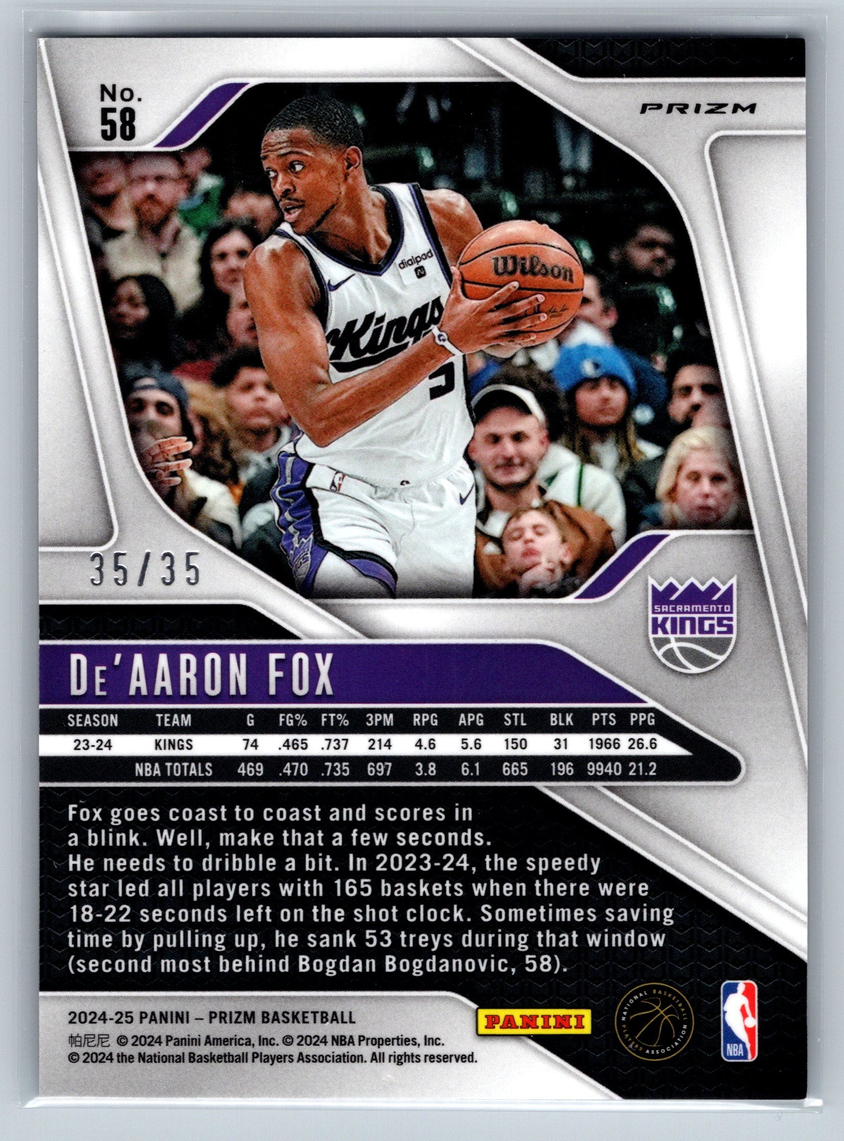 2024 Panini Prizm De'Aaron Fox Purple Pulsar /35 #58