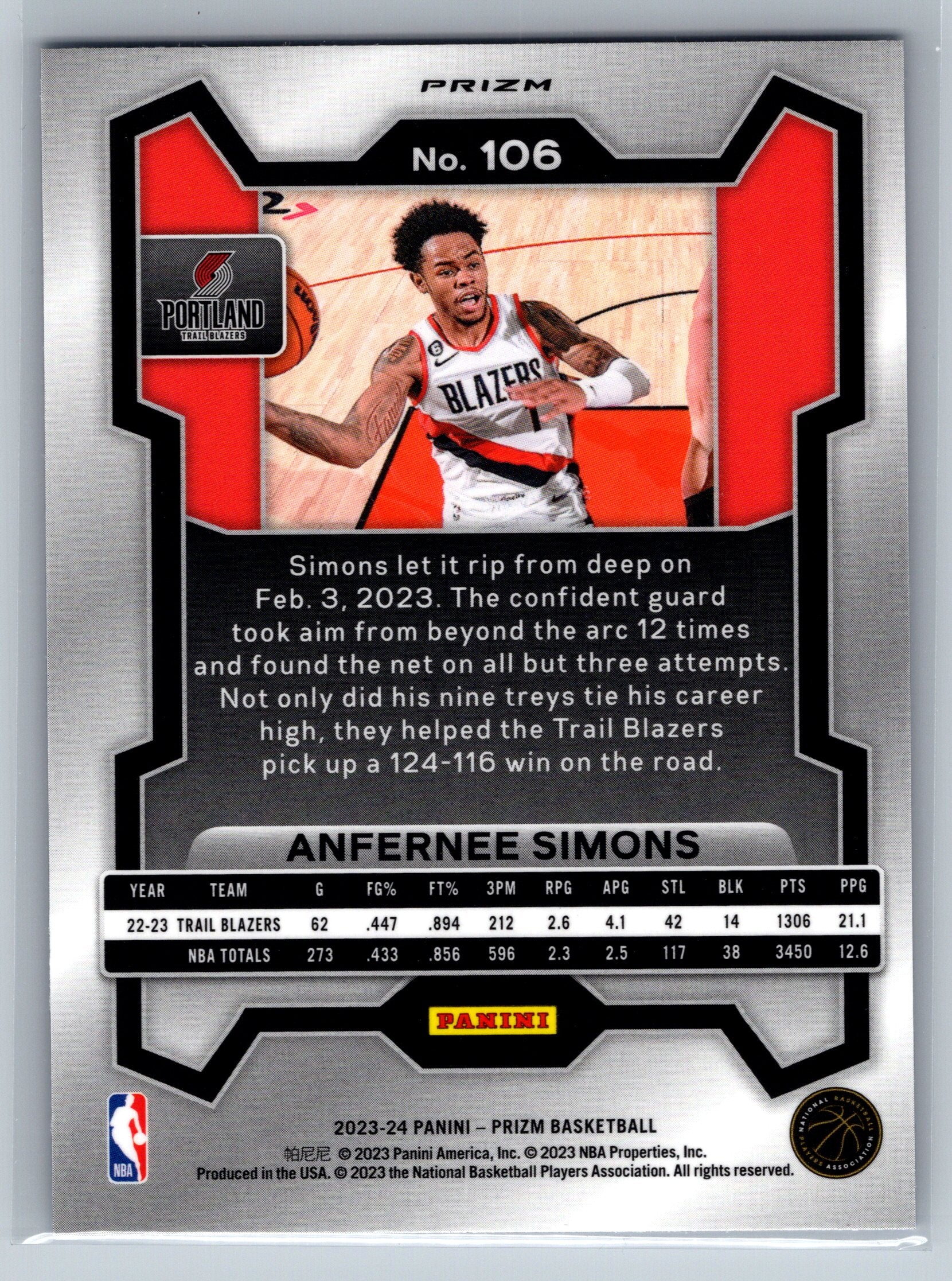 2023 Panini Prizm Anfernee Simons International Blue #106