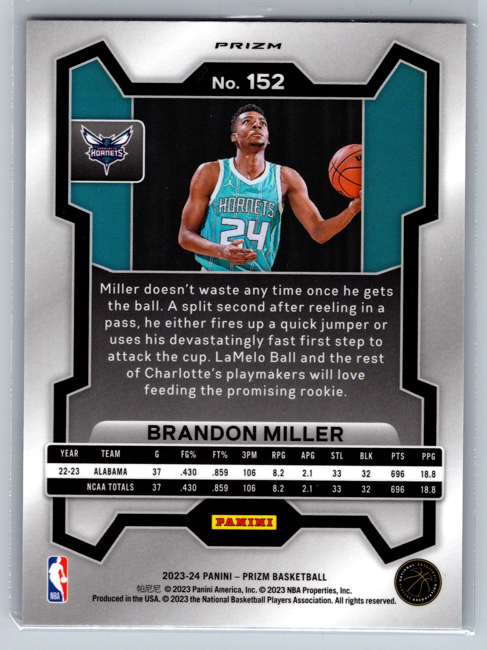 2023 Panini Prizm Brandon Miller Red White Blue Rookie Card #152