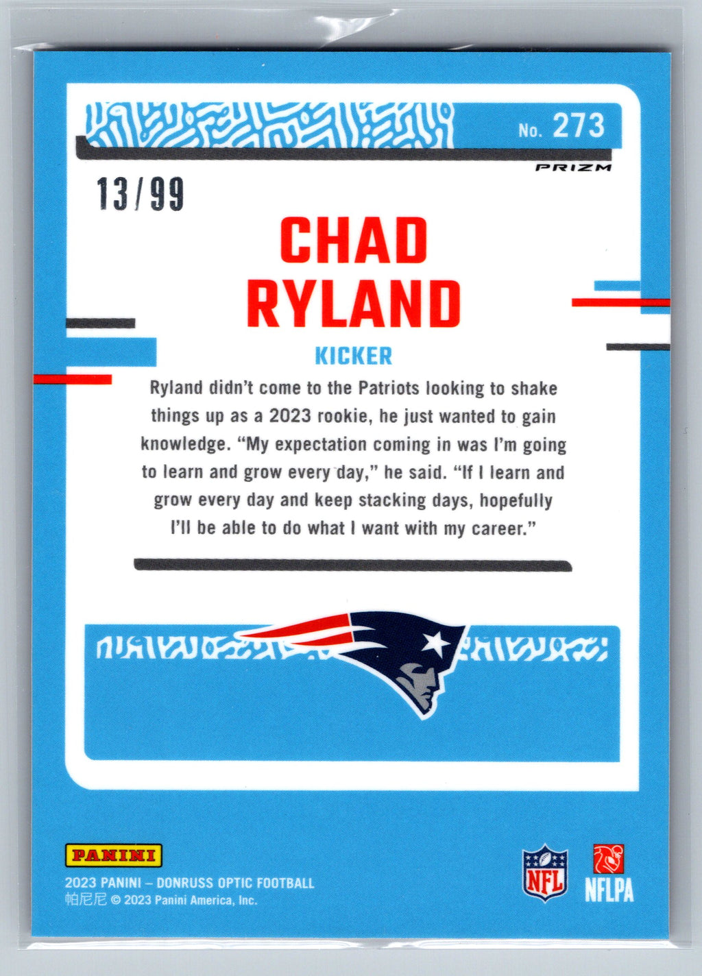 2023 Panini Optic Chad Ryland Red Rookie Card /99 #273