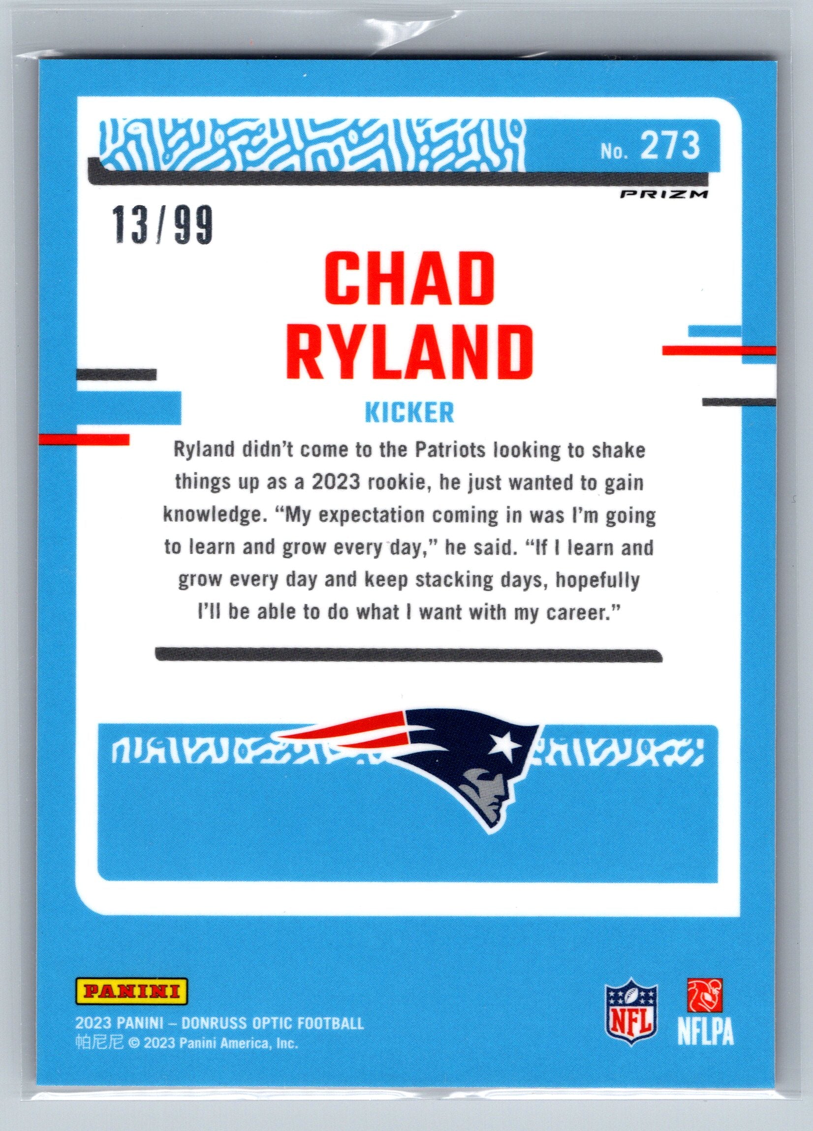 2023 Panini Optic Chad Ryland Red Rookie Card /99 #273