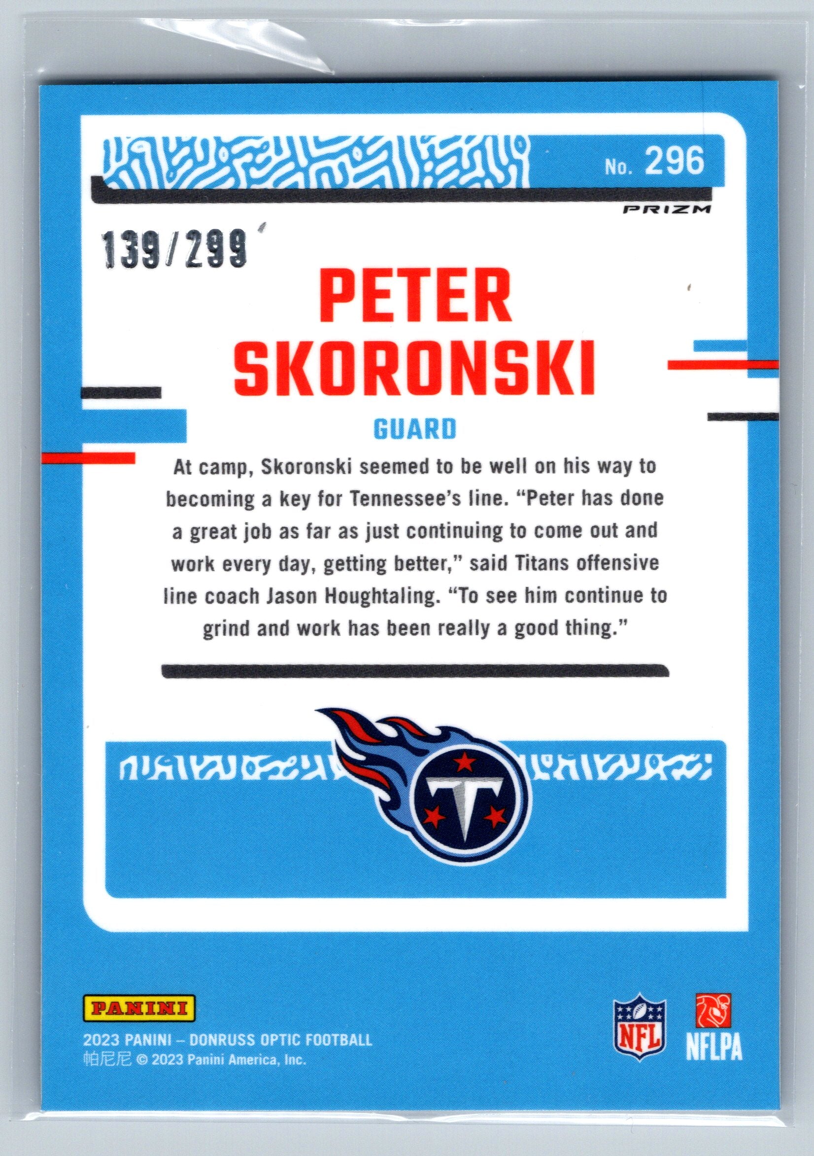 2023 Panini Optic Peter Skoronski Blue Rookie Card /299 #296