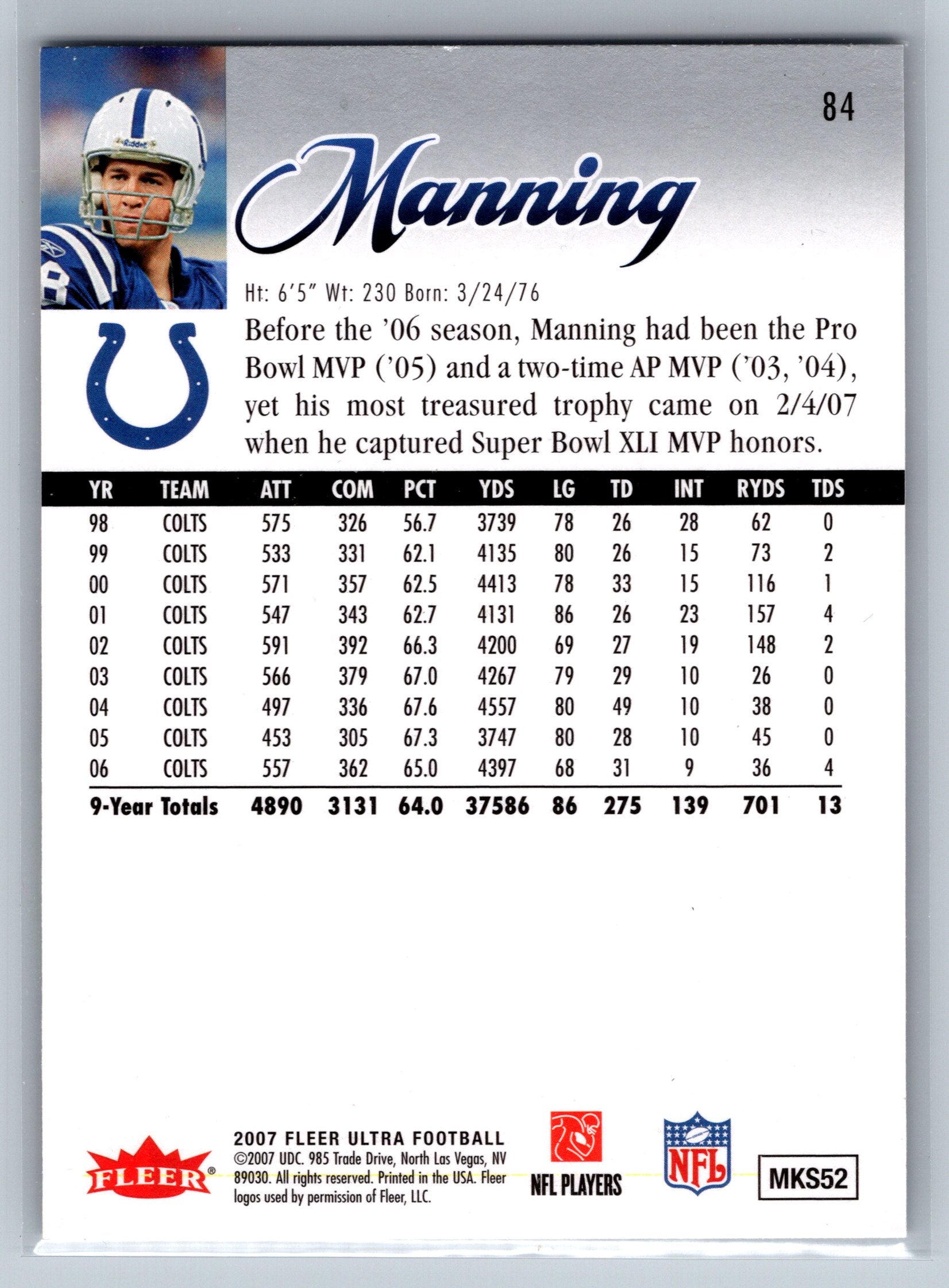 2007 Fleer Ultra Peyton Manning #84