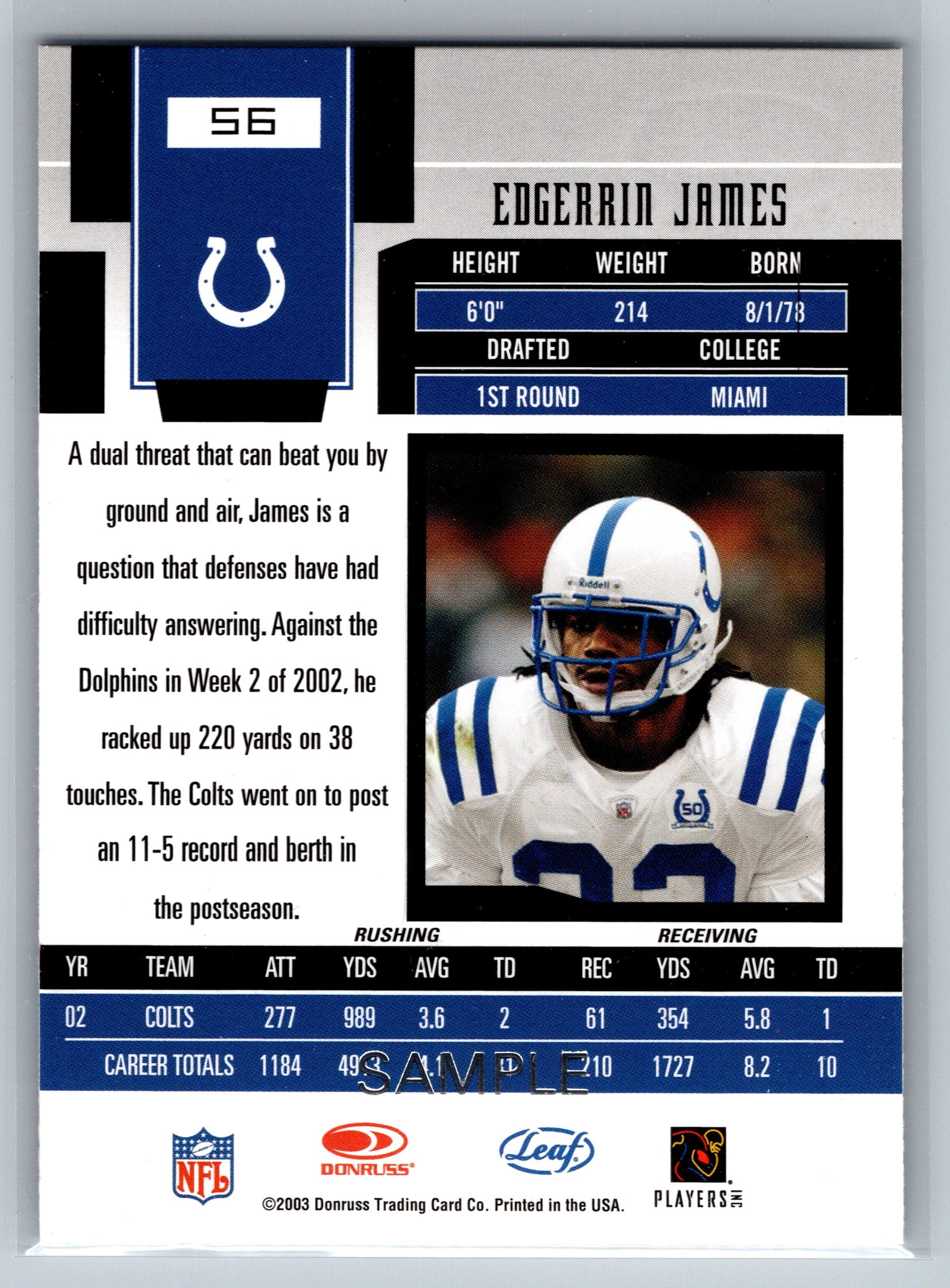 2003 Donruss Leaf Certified Edgerrin James SAMPLE #56
