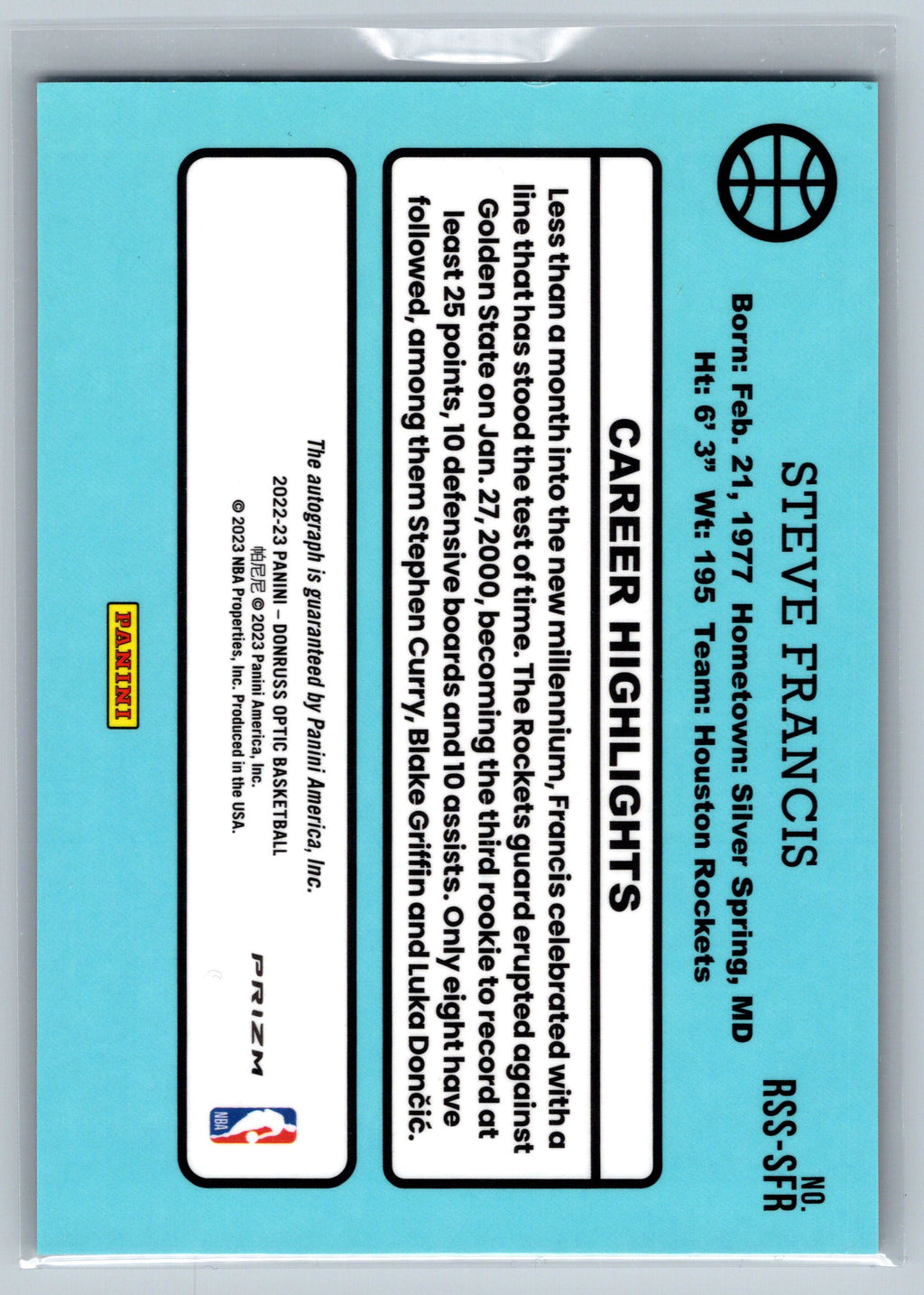 2022 Panini Donruss Steve Francis Autograph RSS-SFR