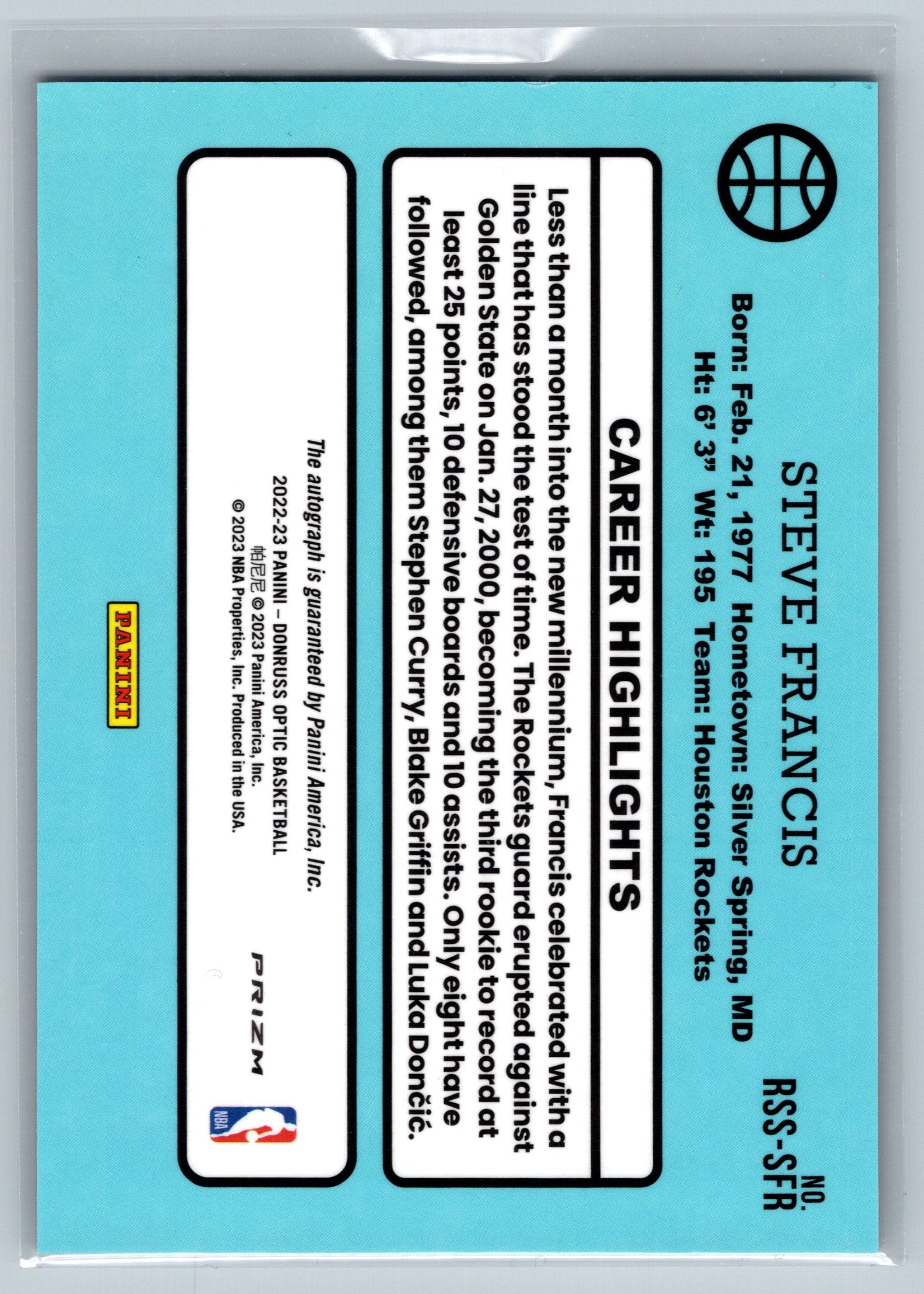 2022 Panini Donruss Steve Francis Autograph RSS-SFR