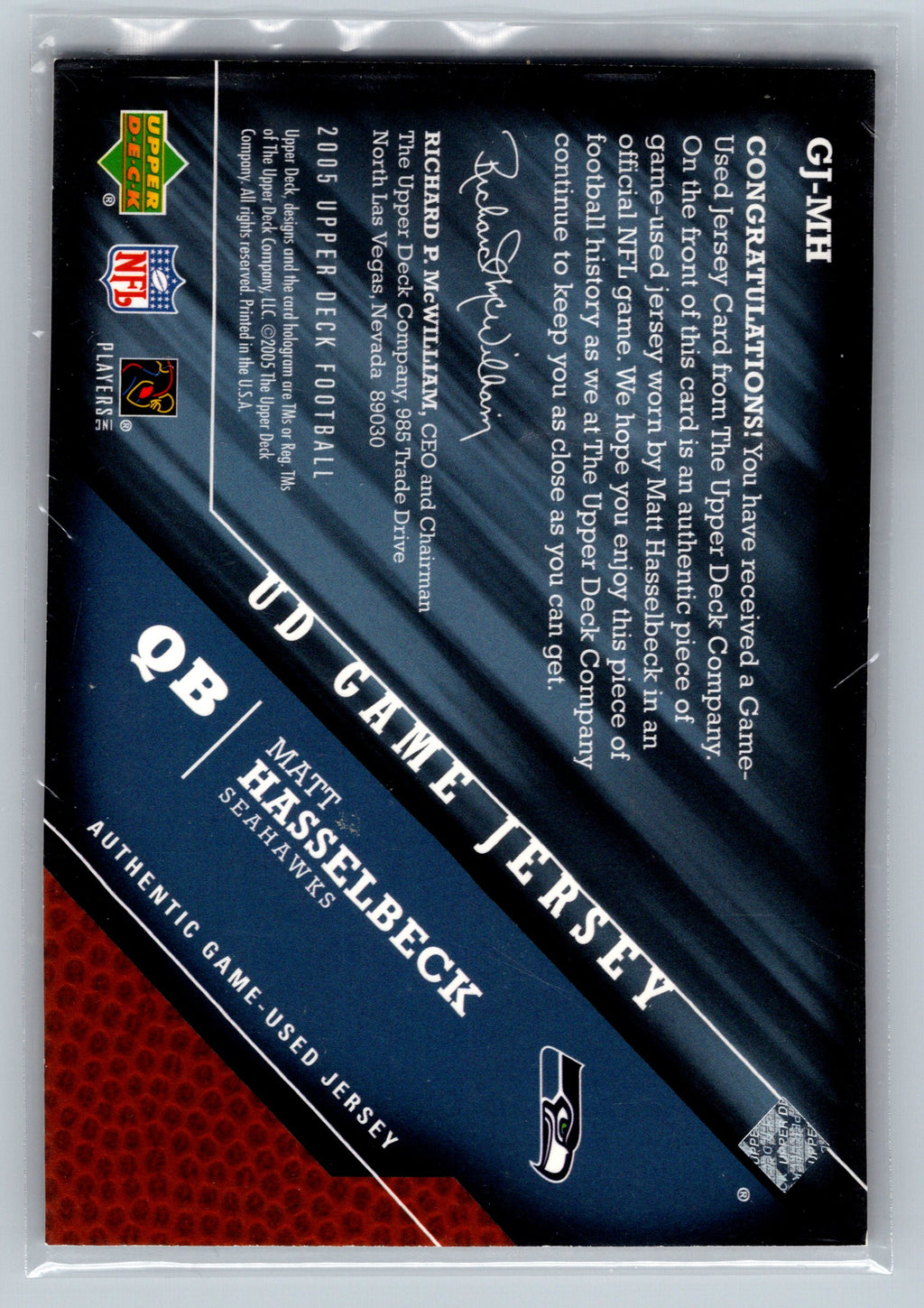 2005 Upper Deck Matt Hasslebeck Game Used Jersey Patch Card #CJ-MH