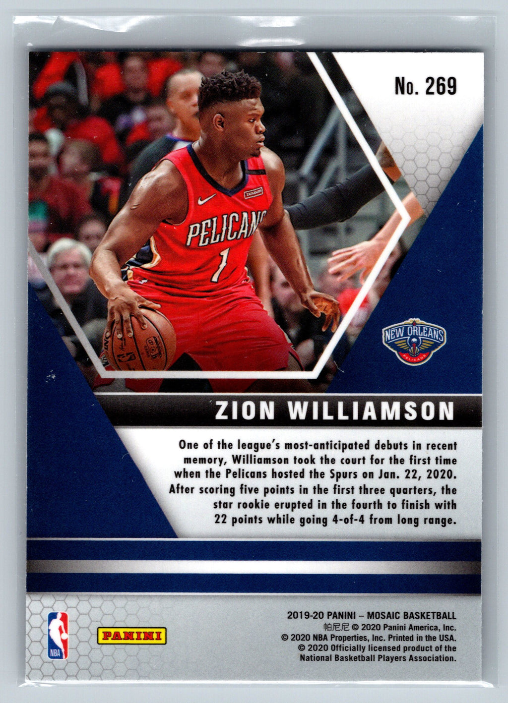 2019 Panini Mosiac Zion Williamson NBA Debut Rookie Card #269