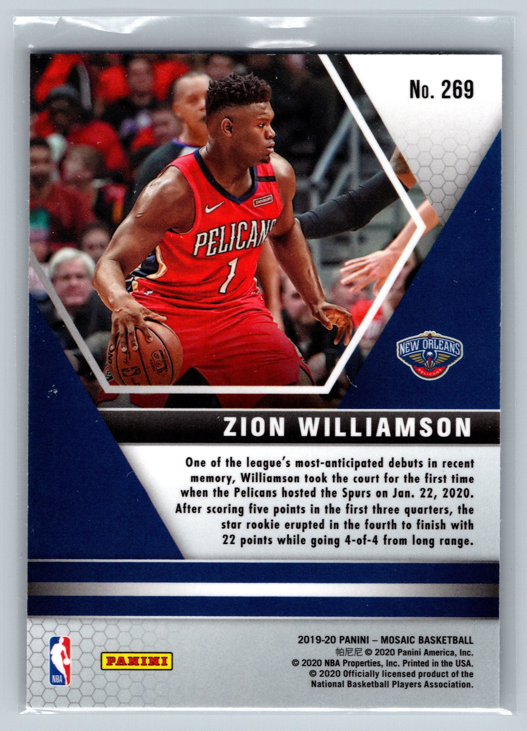 2019 Panini Mosiac Zion Williamson NBA Debut Rookie Card #269
