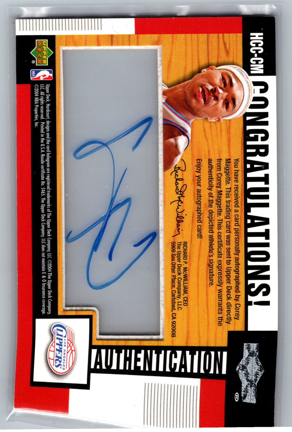 2004 Upper Deck Corey Maggette Clear Commemoratives On-Card Autograph #HCC-CM