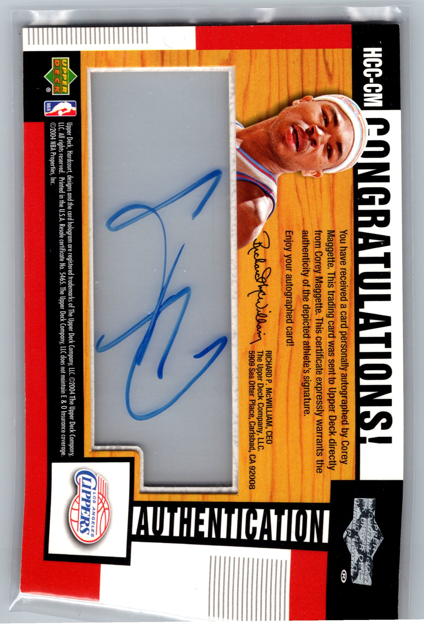 2004 Upper Deck Corey Maggette Clear Commemoratives On-Card Autograph #HCC-CM