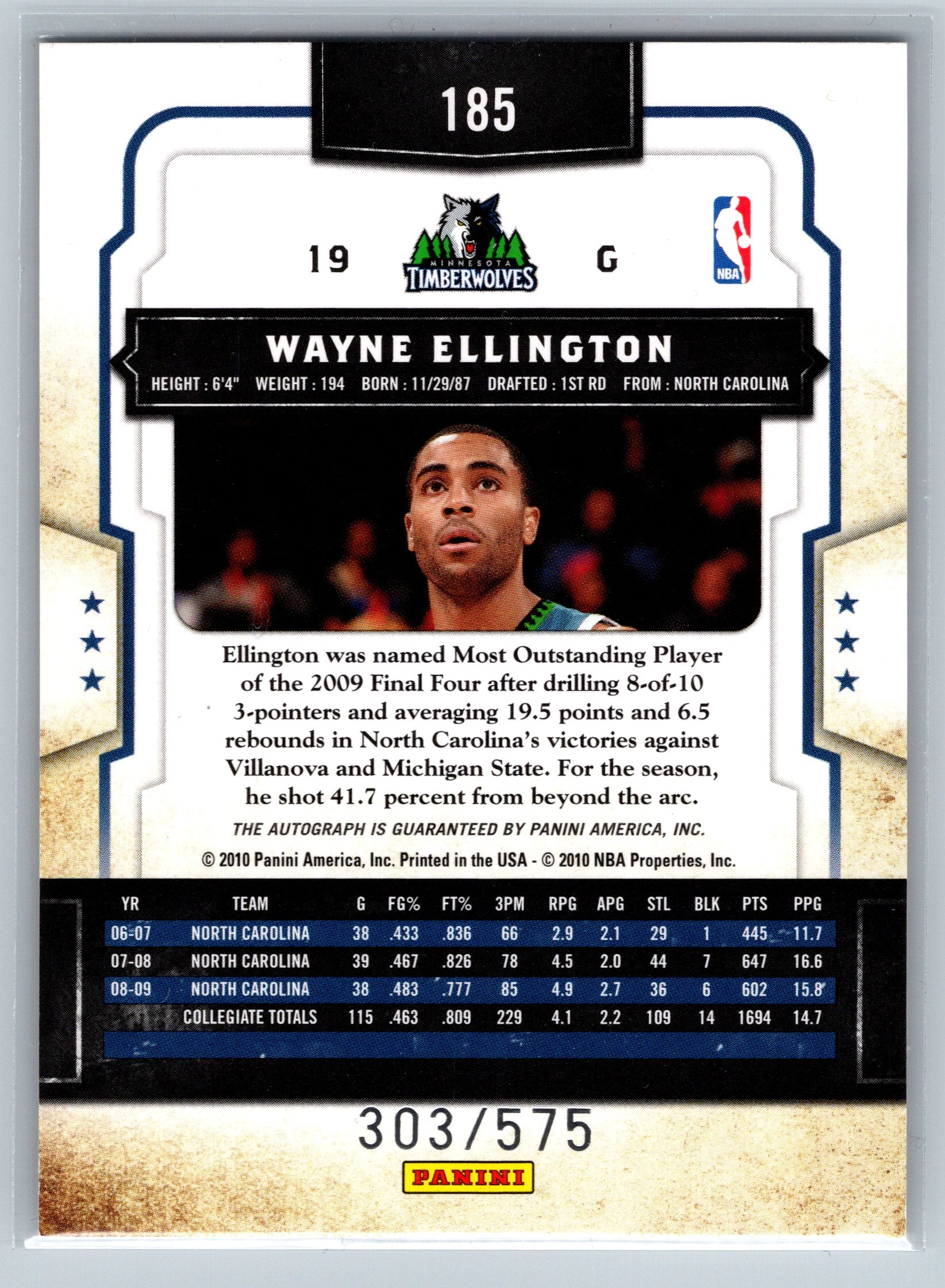 2010 Panini Classics Wayne Ellington Rookie On-Card Autograph /575 #185