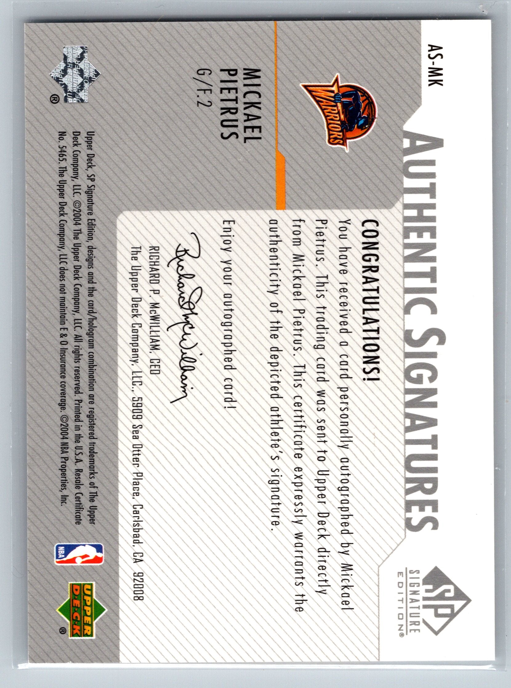 2004 Upper Deck Mickael Pietrus Authentic Signatures On-Card Autograph