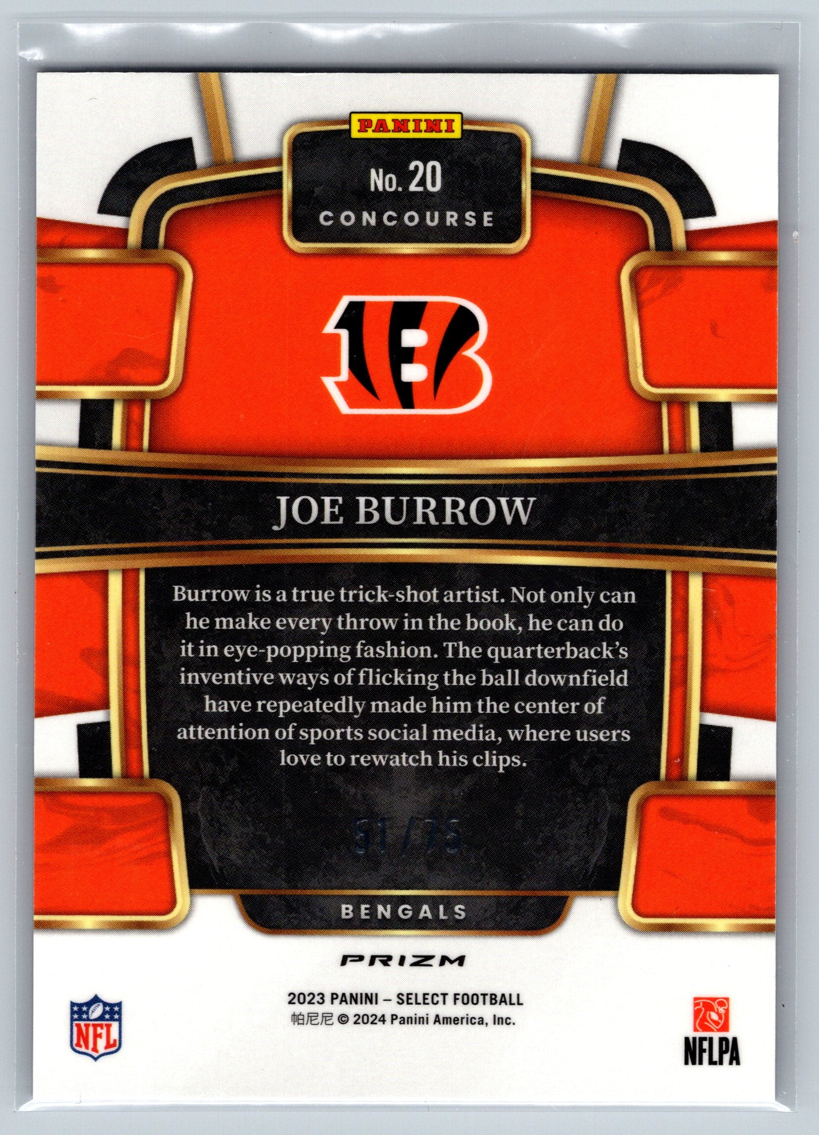 2023 Panini Select Joe Burrow Purple Concourse Level /75 #20