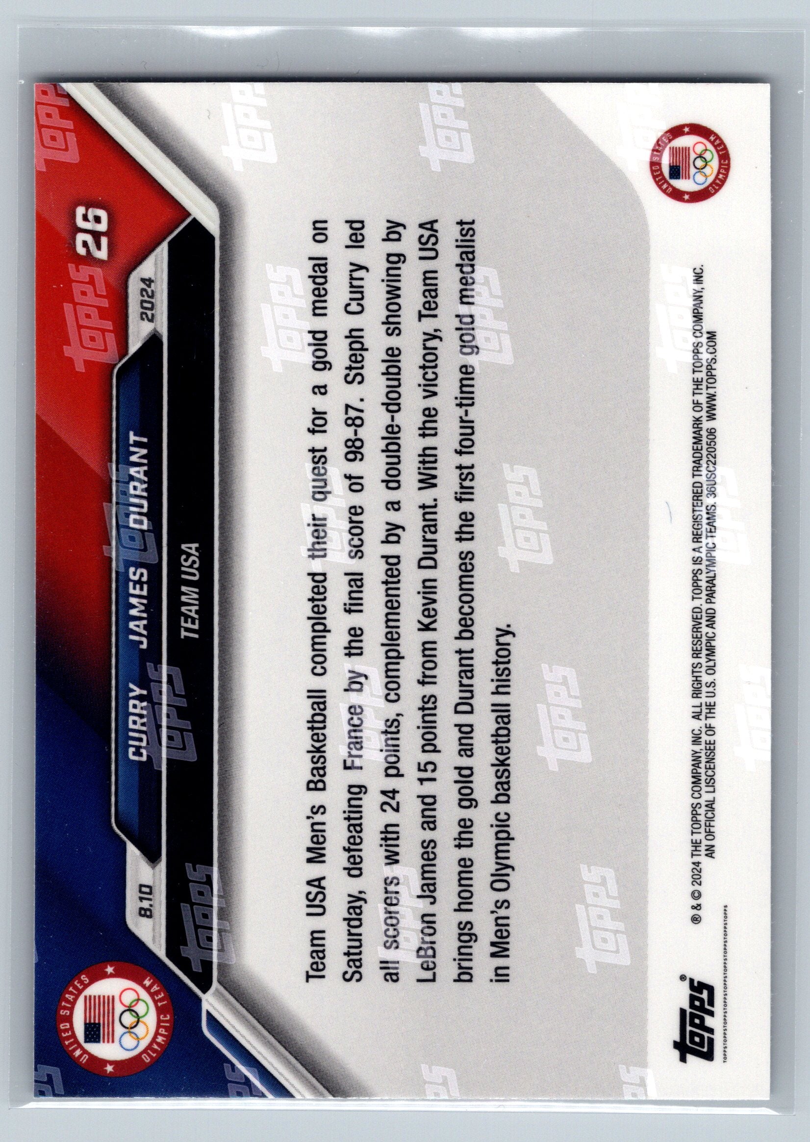 2024 Topps Now Olympic Lebron James, Stephen Curry, Kevin Durant Card #26