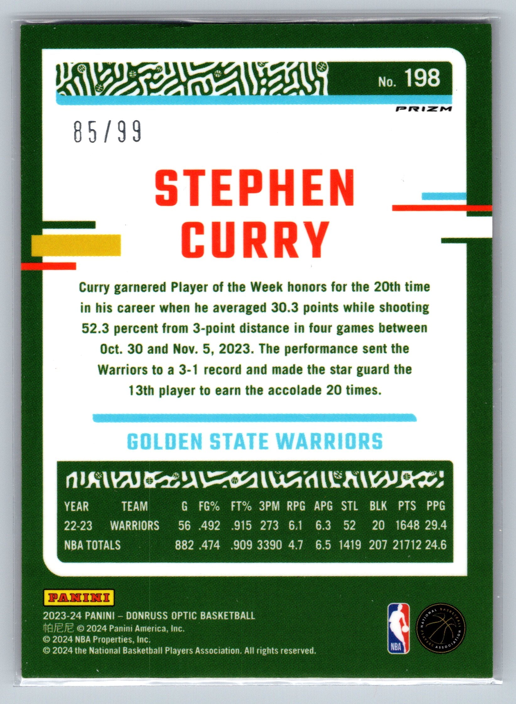 2023 Panini Optic Stephen Curry Orange /99 #198
