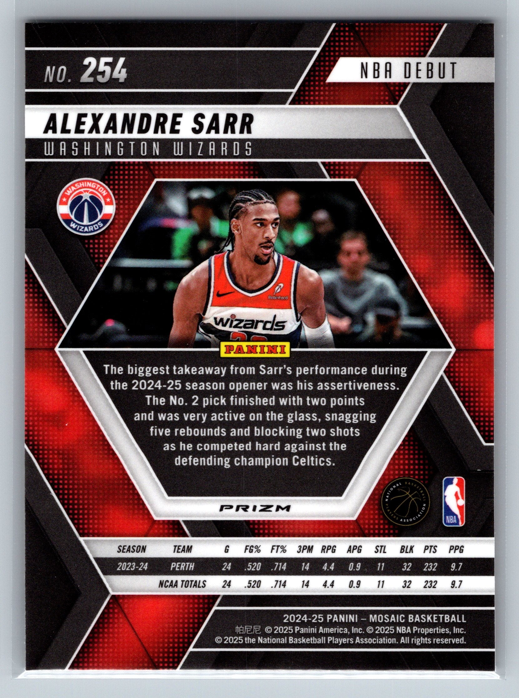 2024 Panini Mosaic Alexandre Sarr NBA Debut Yellow Reactive Rookie Card #254