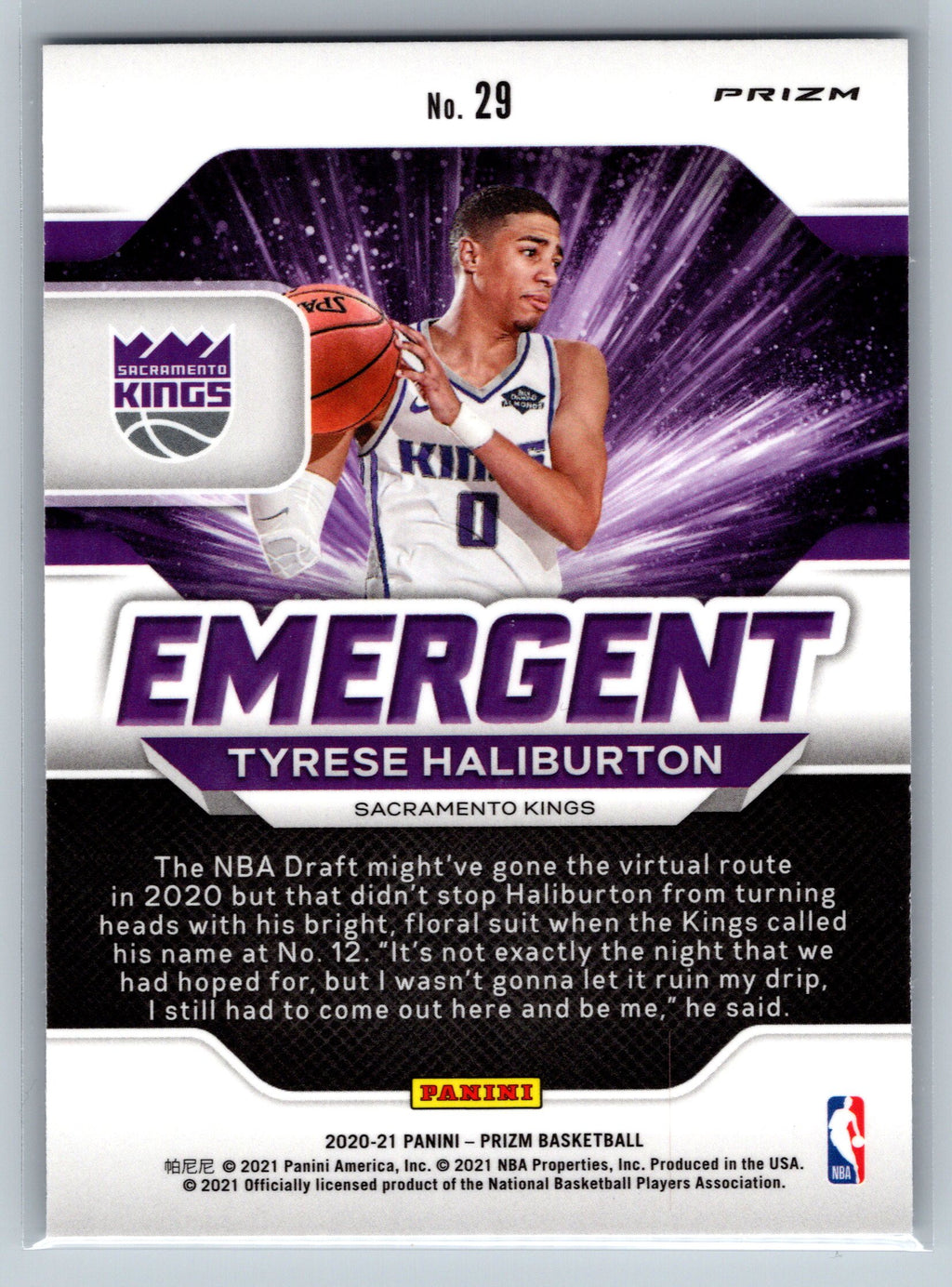 2020 Panini Prizm Tyrese Haliburton Emergent Silver Rookie Card #29