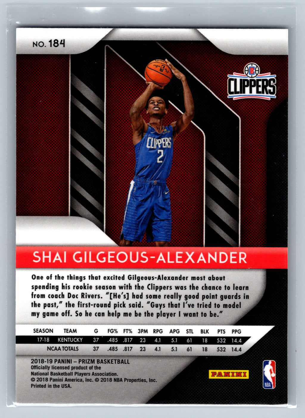 2018 Panini Prizm Shai Gilgeous-Alexander Rookie Card #184