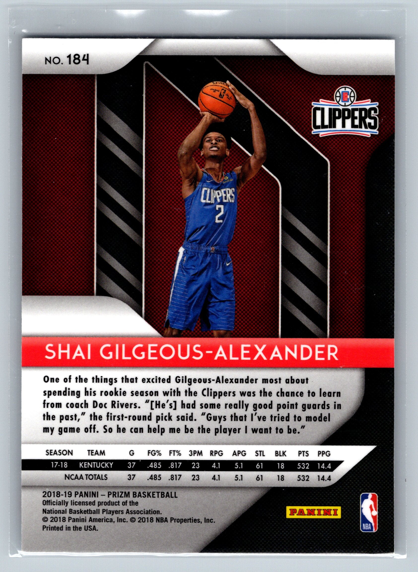 2018 Panini Prizm Shai Gilgeous-Alexander Rookie Card #184