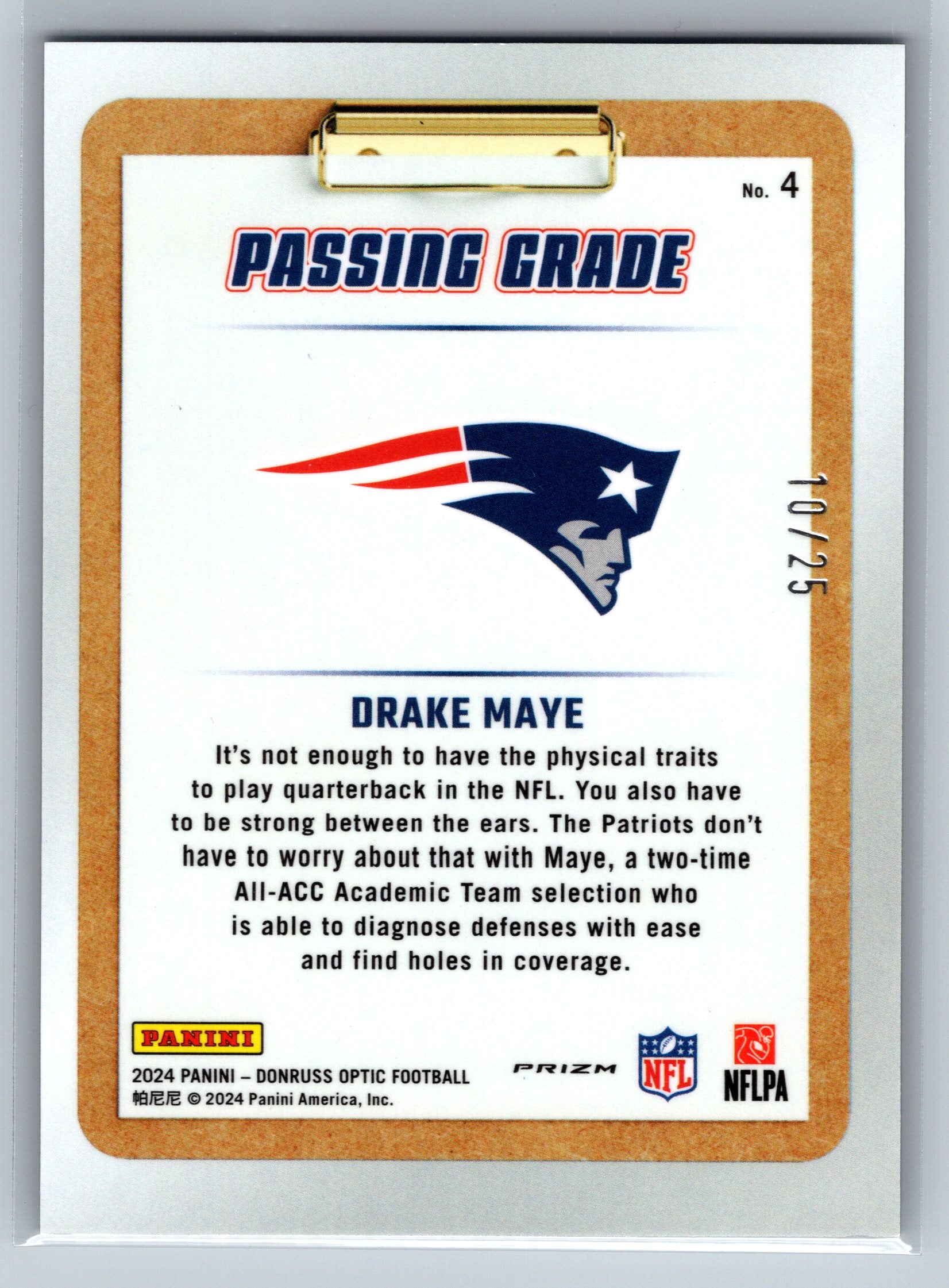 2024 Panini Optic Drake Maye Passing Grade Black Pandora /25 JERSEY NUMBER #4
