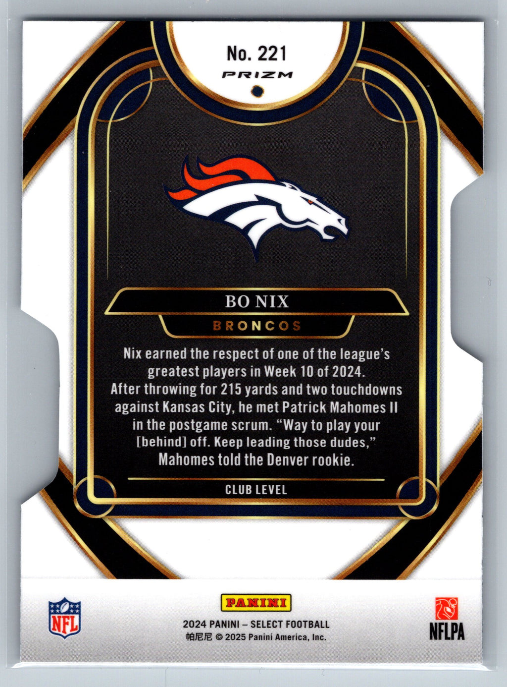 2024 Panini Select Bo Nix Silver Club Level Die-Cut Rookie Card #221
