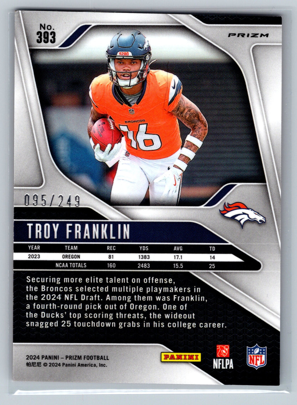 2024 Panin Prizm Troy Franklin Orange Rookie Card /249 #393
