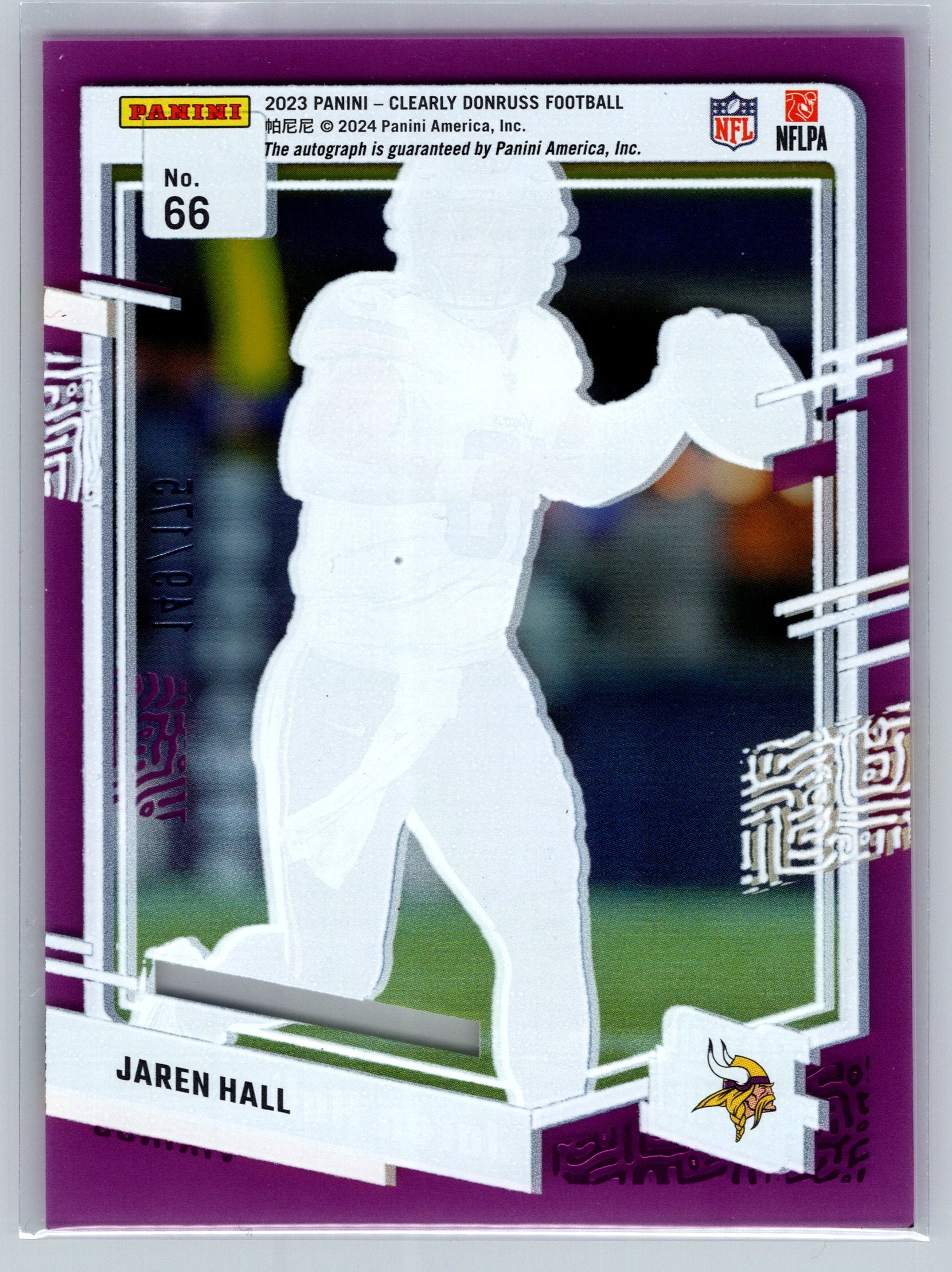 2023 Panini Donruss Clearly Jaren Hall Purple Rated Rookie Autograph /175 #66
