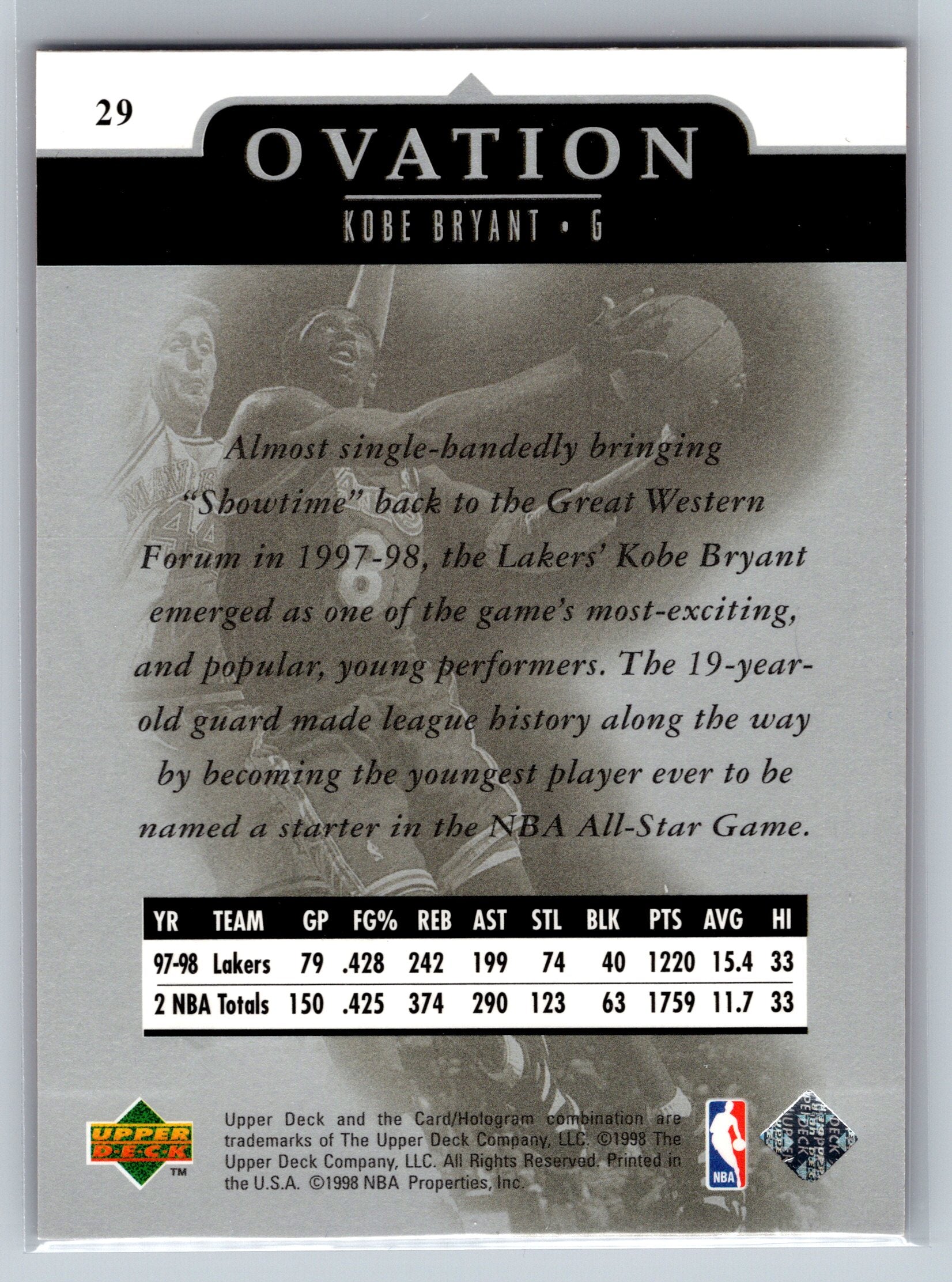 1998 Upper Deck Kobe Bryant Ovation #29