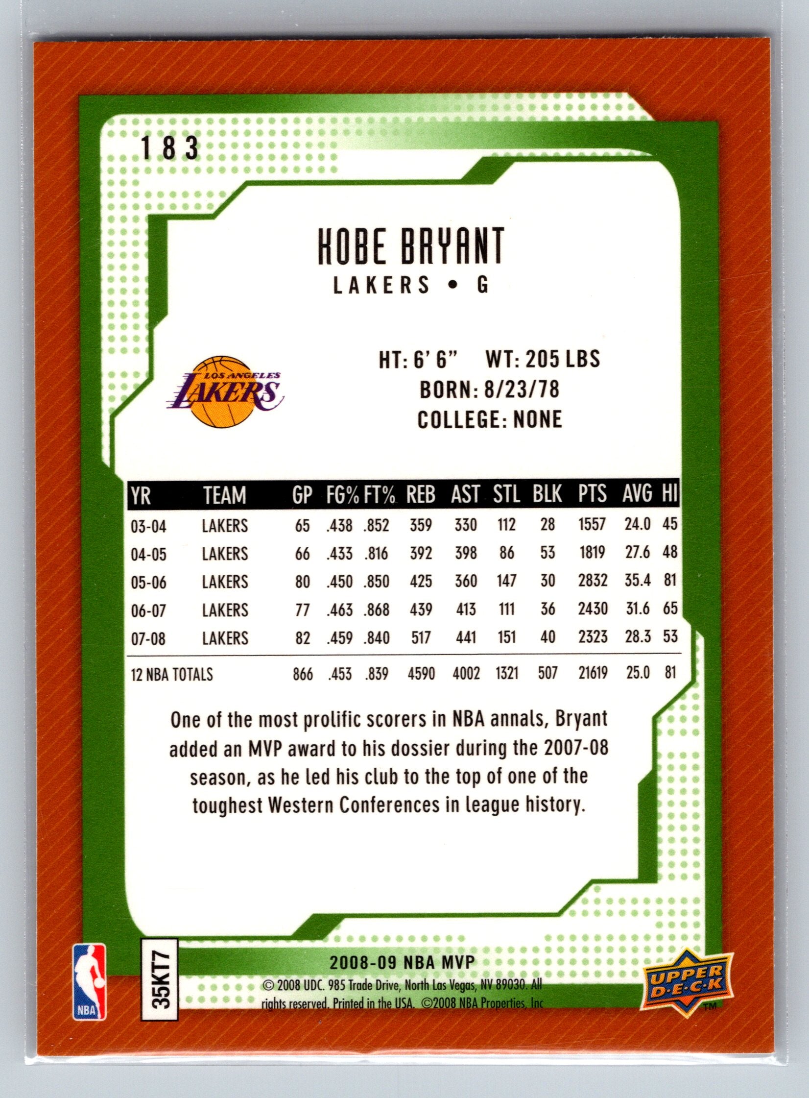 2008 Upper Deck Kobe Brynat Team MVP #183