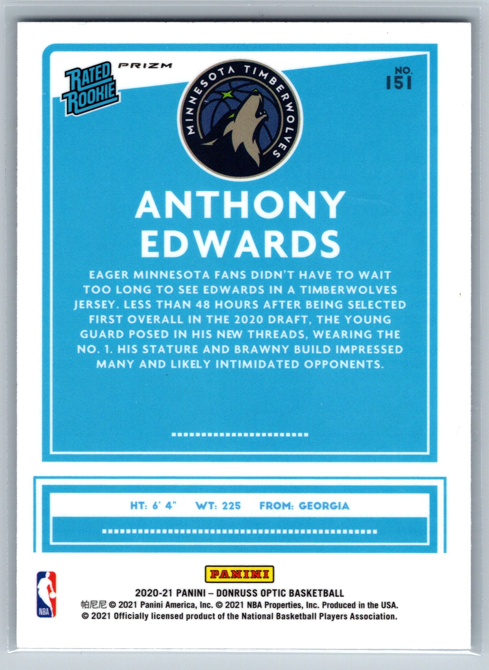 2020 Panini Optic Anthony Edwards Base Rookie Card #151