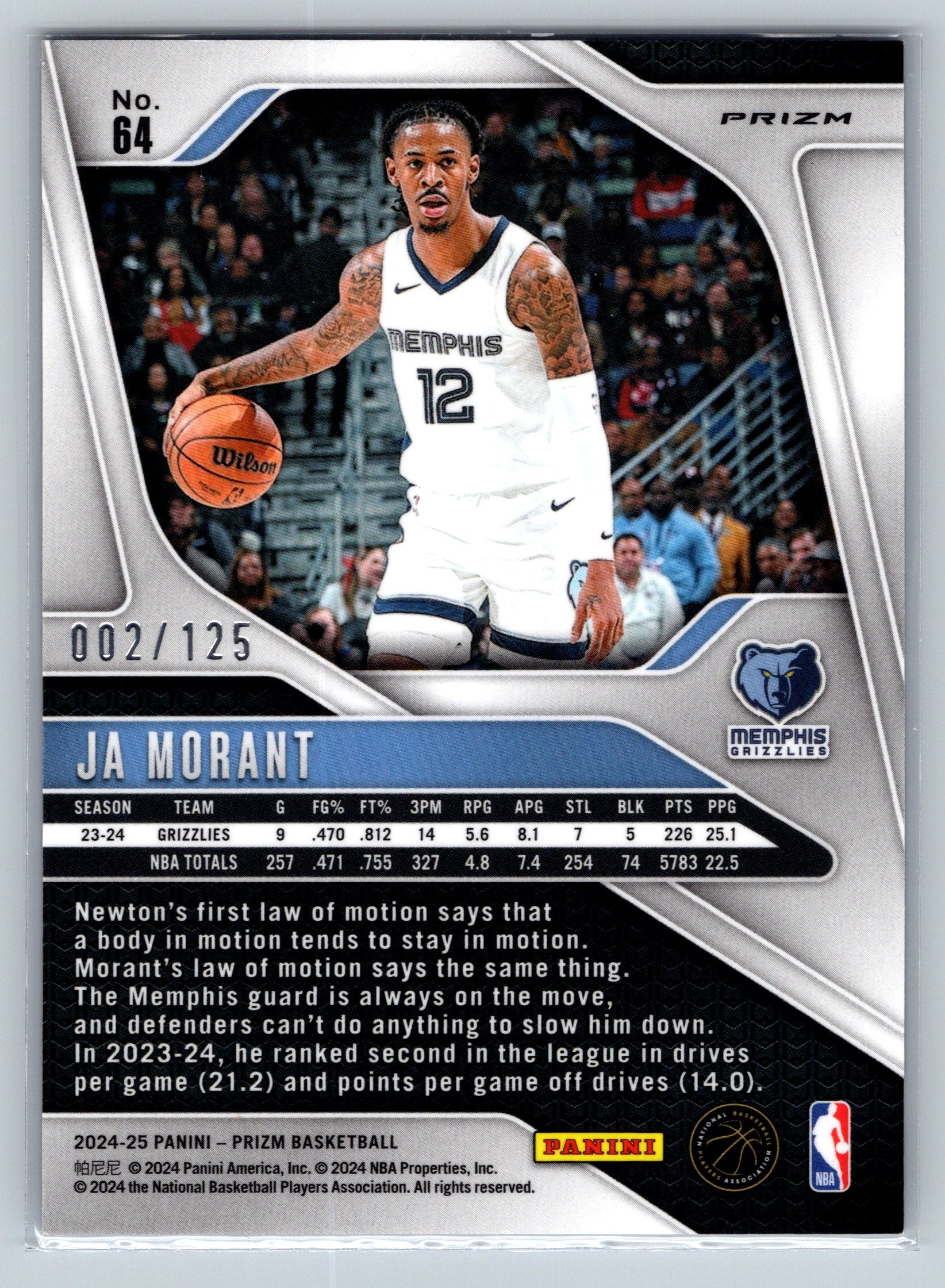 2024 Panini Prizm Ja Morant Blue Cracked Ice /125 #64