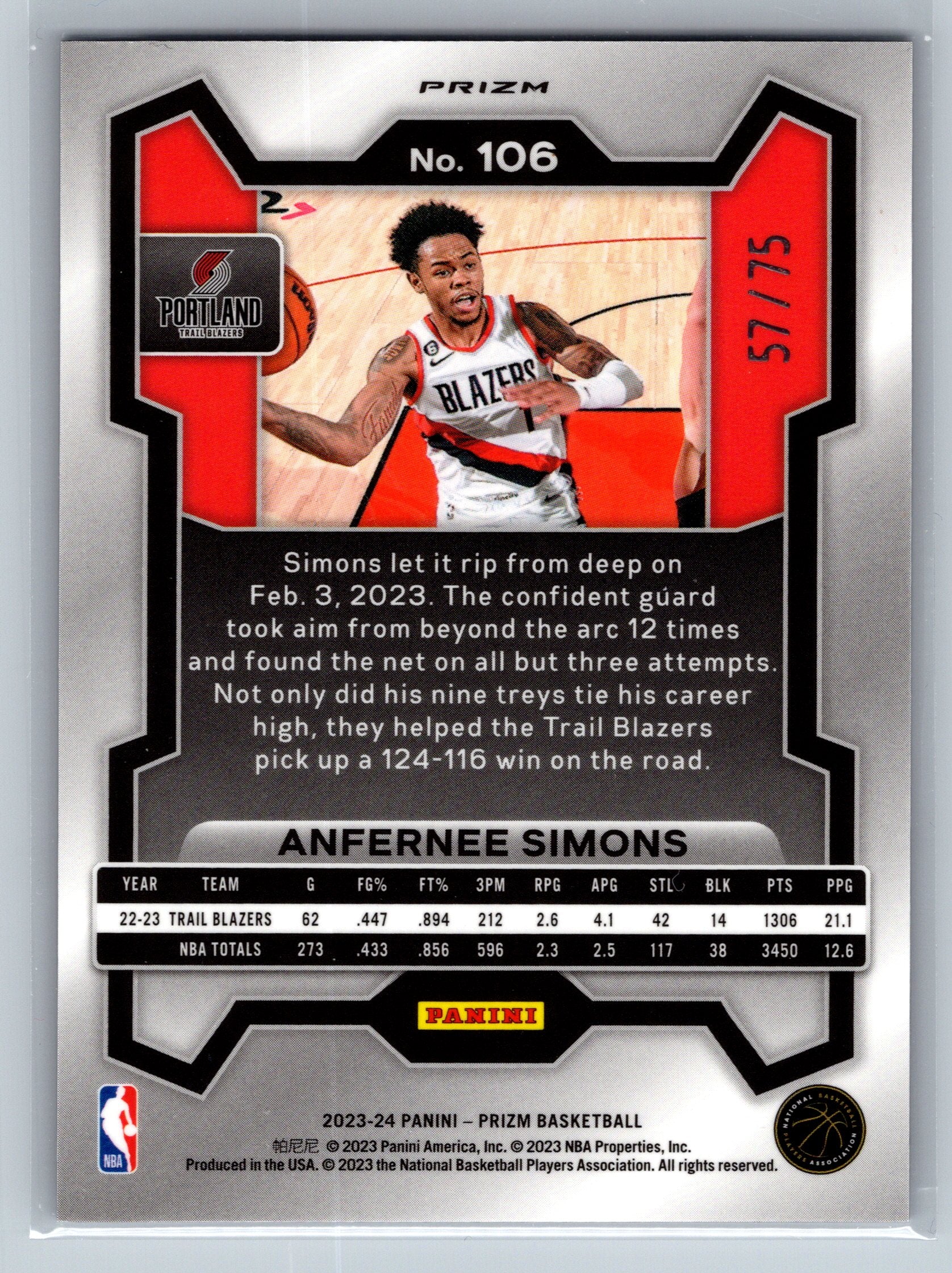 2023 Panini Prizm Anfernee Simons Purple Fast Break /175 #106