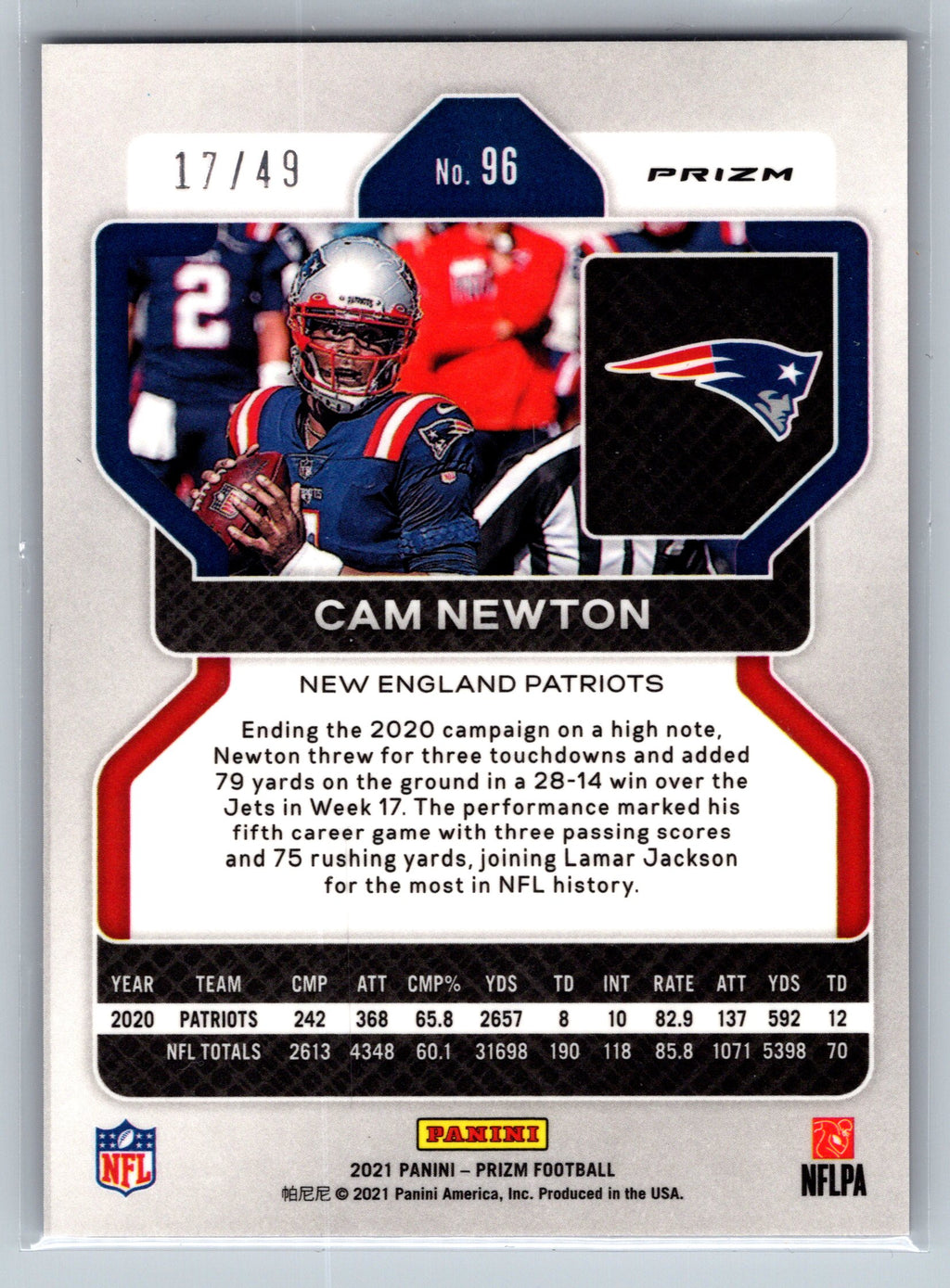 2021 Panin Prizm Cam Newton Purple Power /49 #96
