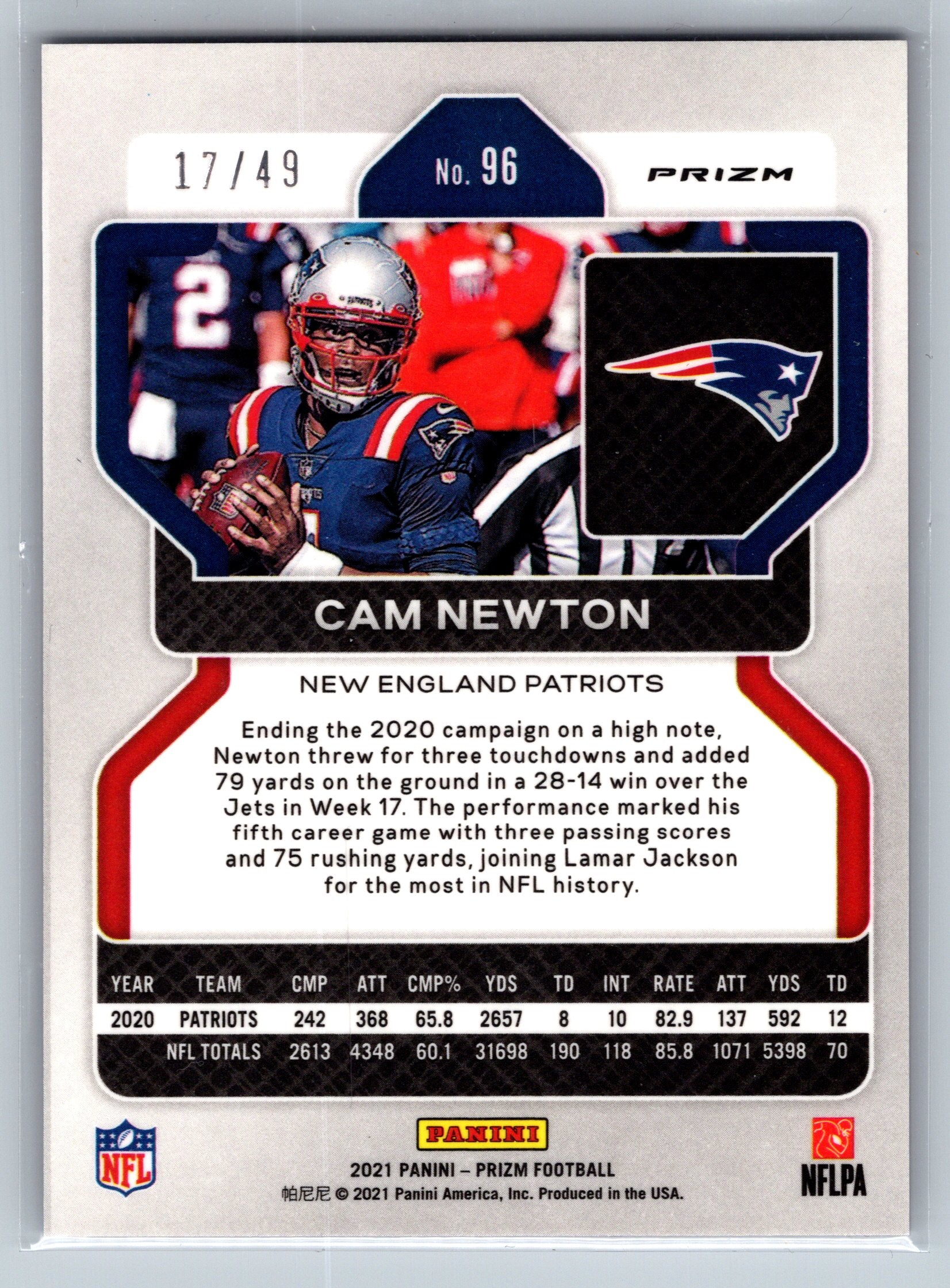 2021 Panin Prizm Cam Newton Purple Power /49 #96
