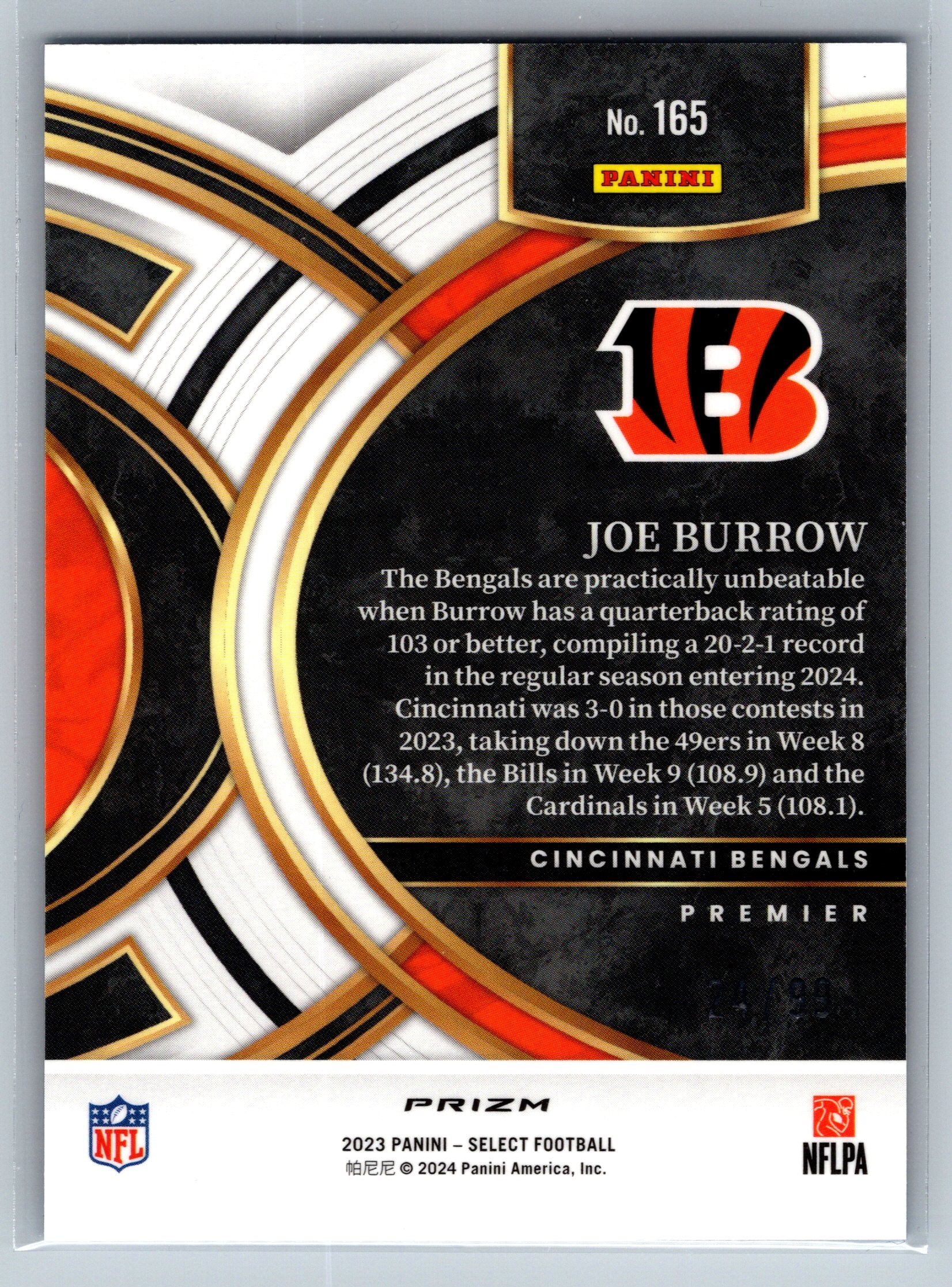 2023 Panini Select Joe Burrow Light Blue Premier Level /99 #165
