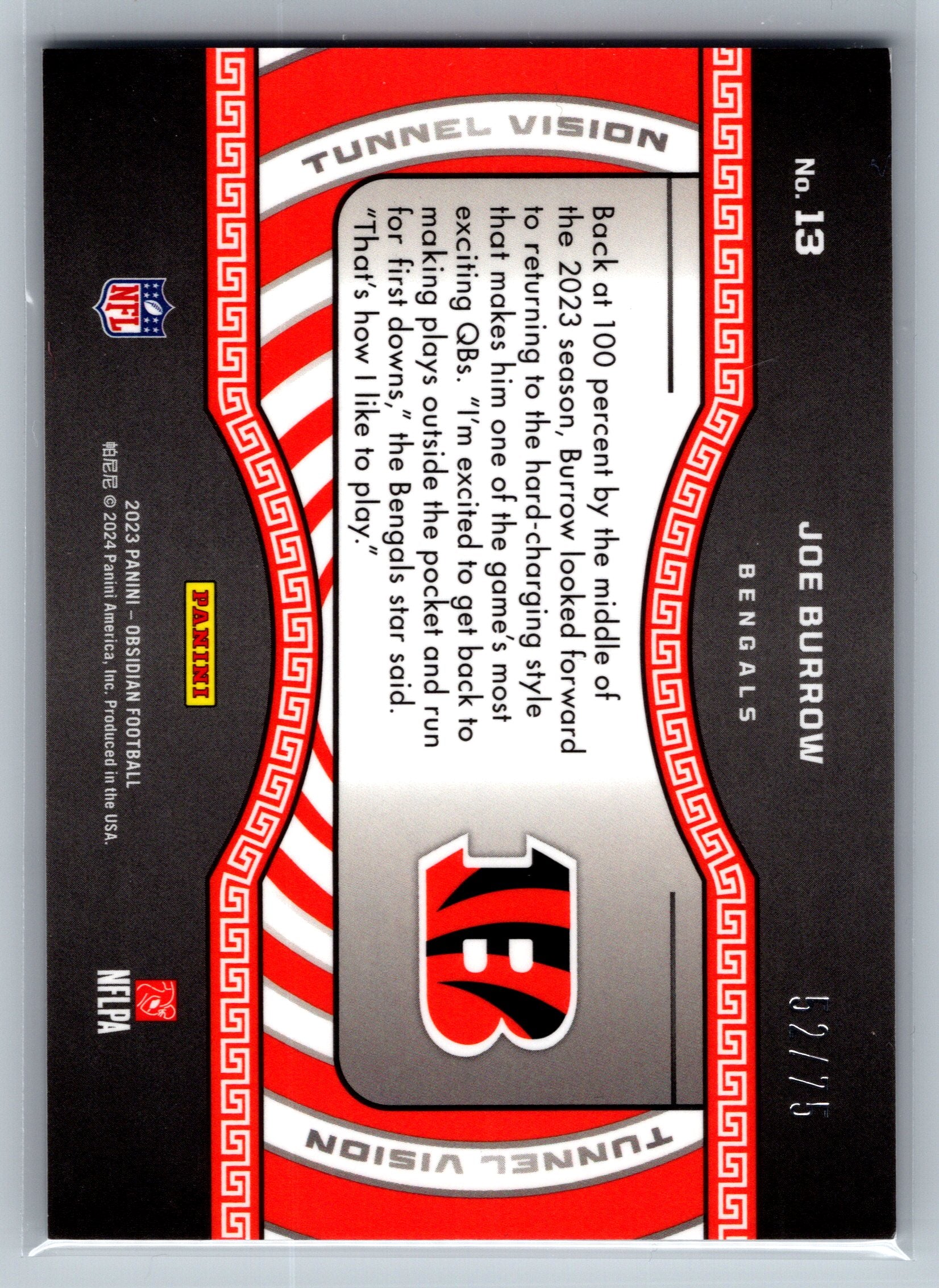 2023 Panini Obsidian Joe Burrow Tunnel Vision /75 #13