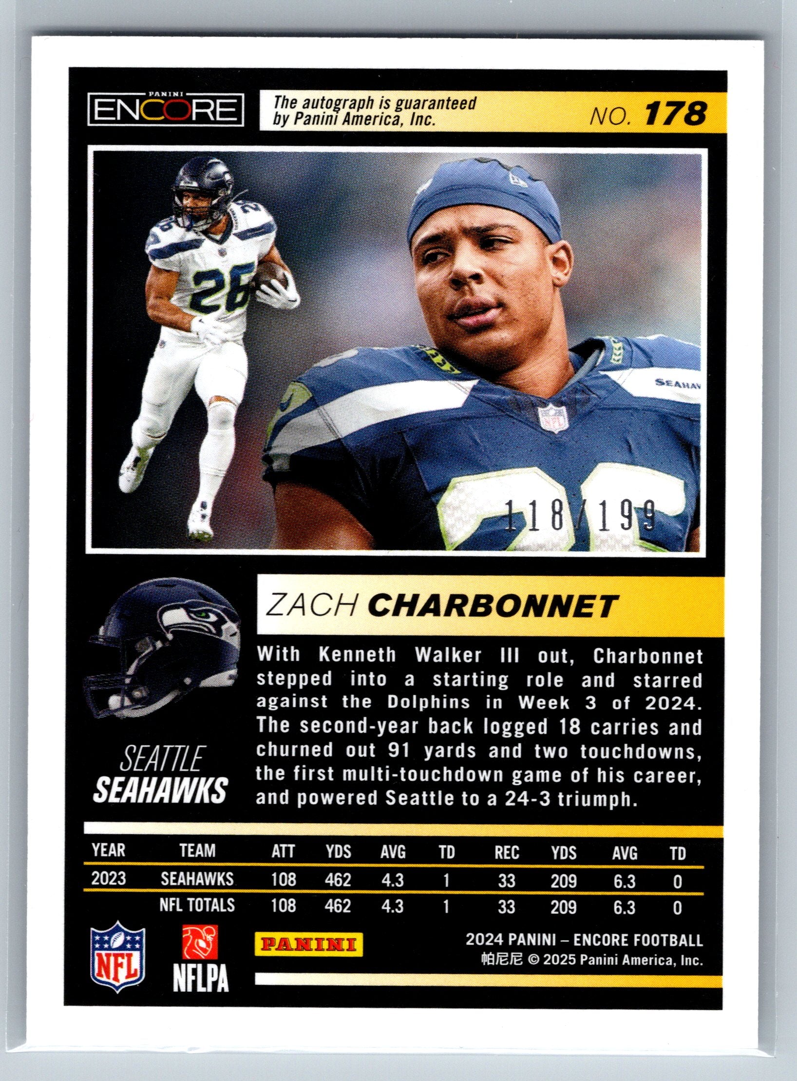 2024 Panini Pinnacle Zach Charbonnet Autograph /199 #178