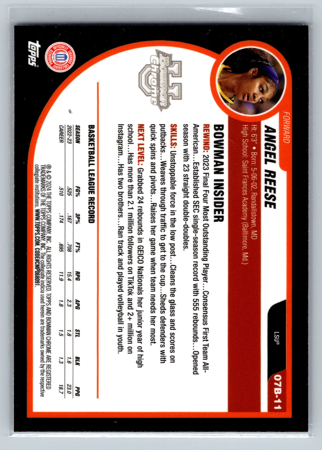 2024 Topps Bowman U Chrome Angel Reese #07B-11
