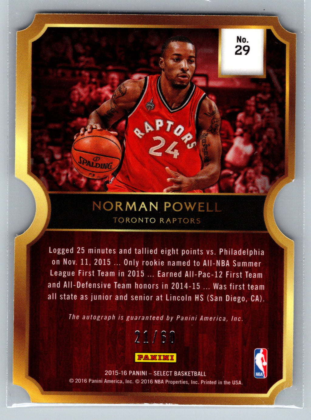 2015 Panini Select Norman Powell Die-Cut Rookie Autograph /60 #29
