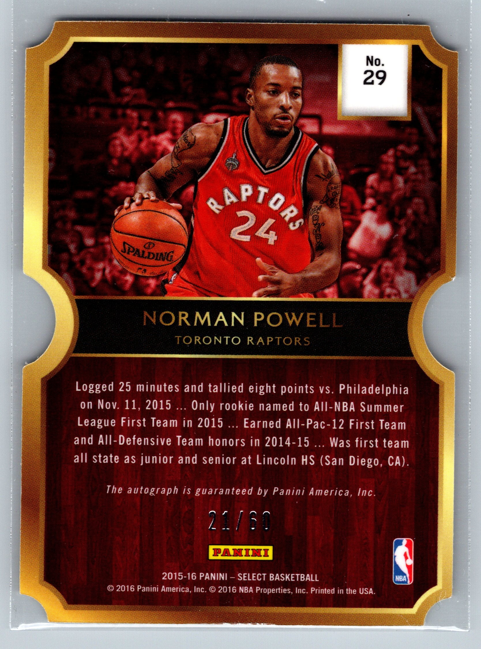 2015 Panini Select Norman Powell Die-Cut Rookie Autograph /60 #29