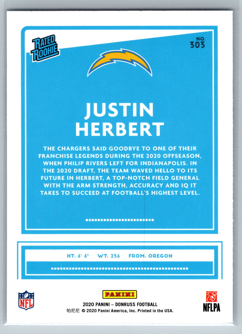 2020 Panini Donruss Justin Herbert Rookie Card #303