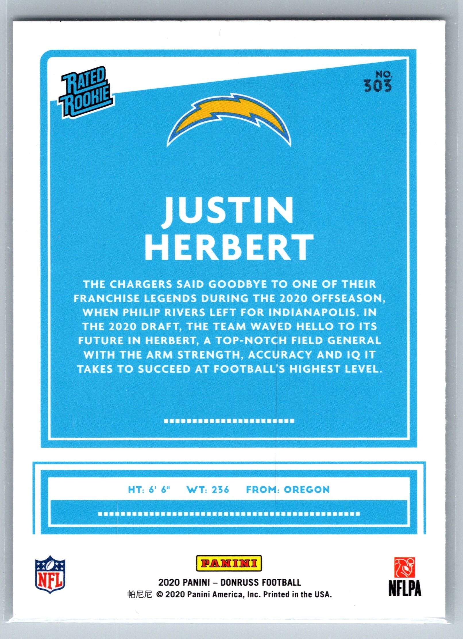 2020 Panini Donruss Justin Herbert Rookie Card #303