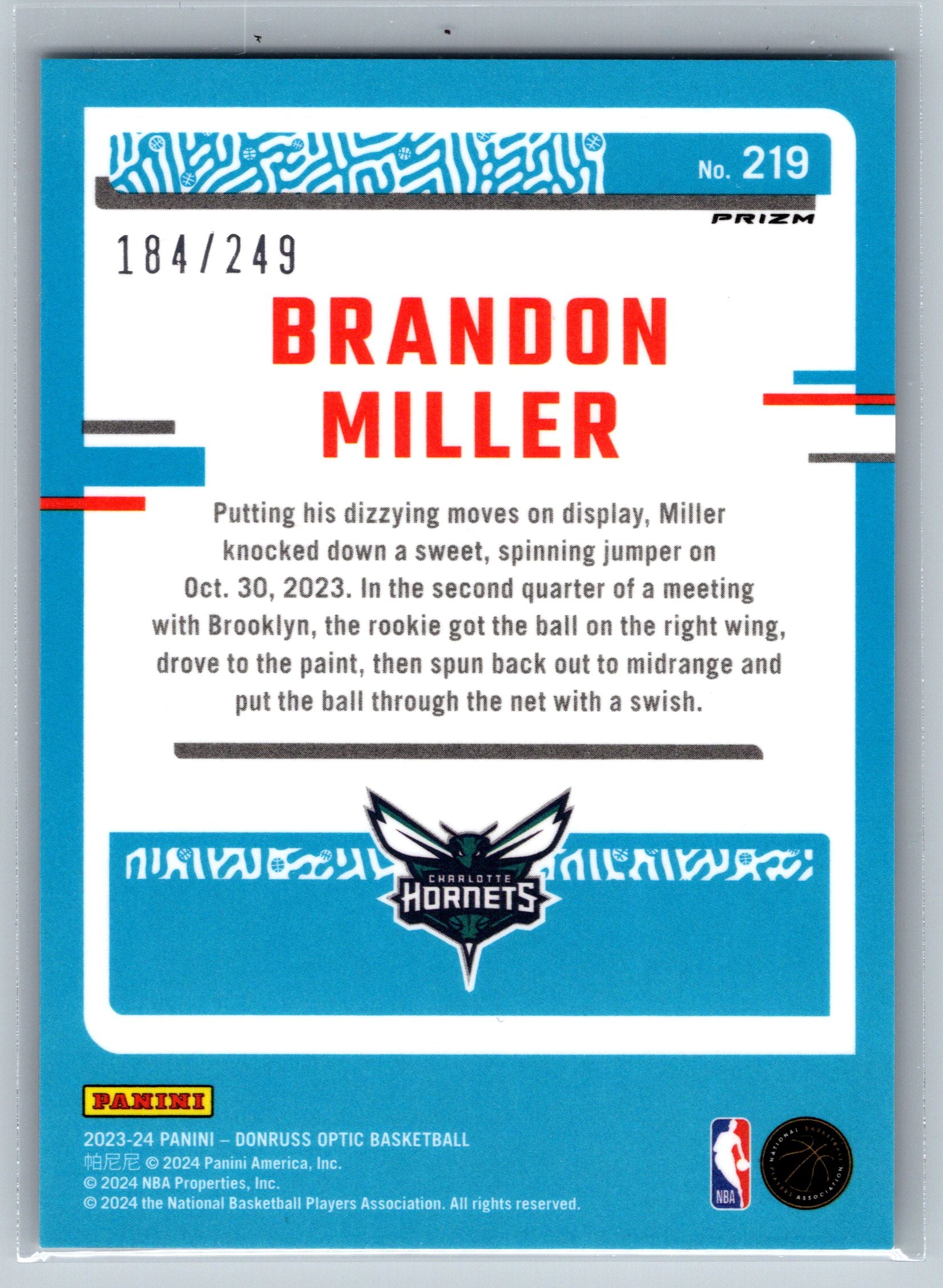 2023 Panini Optic Brandon Miller Premium Box Set Rookie Card /249 #219