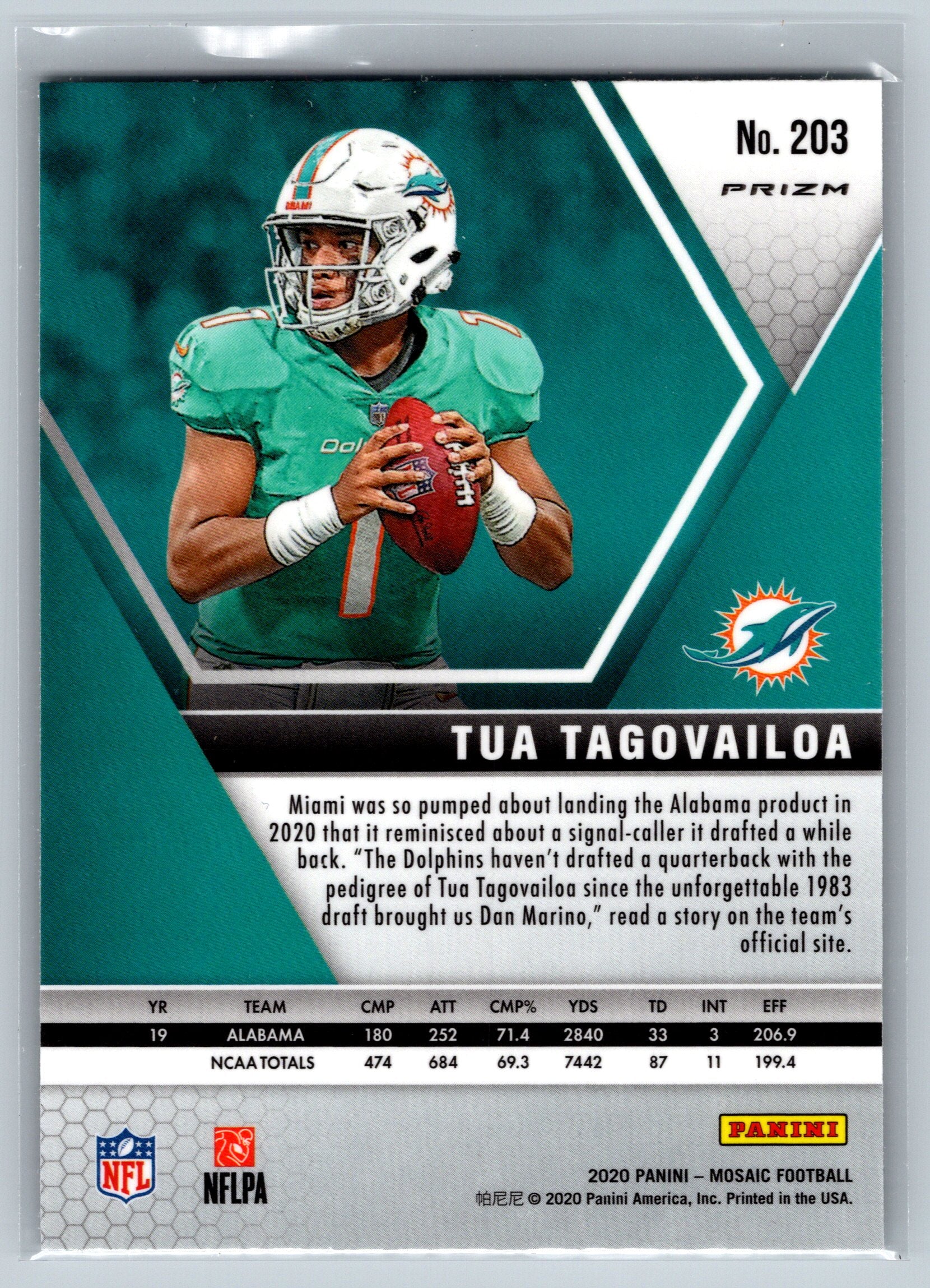 2020 Panini Mosaic Tua Tagovailoa Green Rookie Card #203
