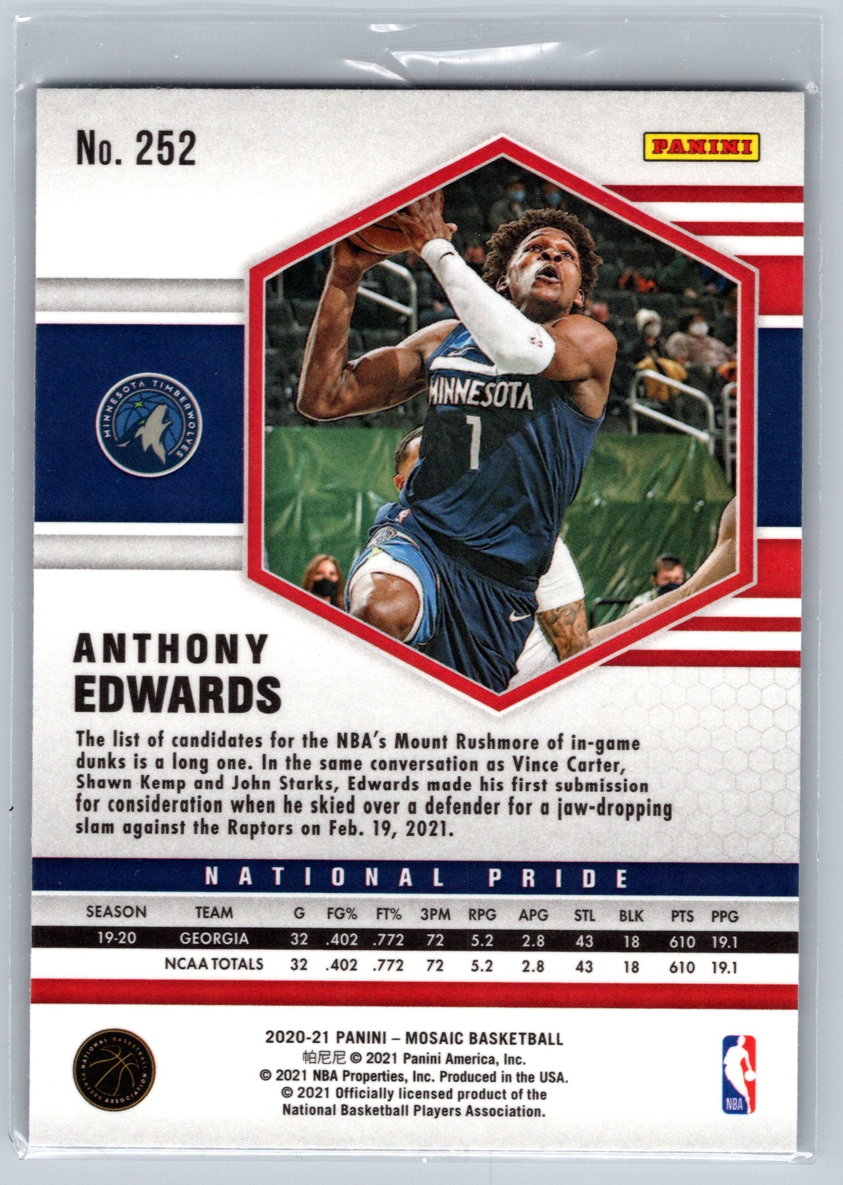 2020 Panini Mosaic Anthony Edwards National Pride Rookie Card #252