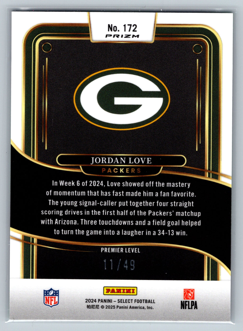 2024 Panini Select Jordan Love Neon Green Premier Level /49 #172